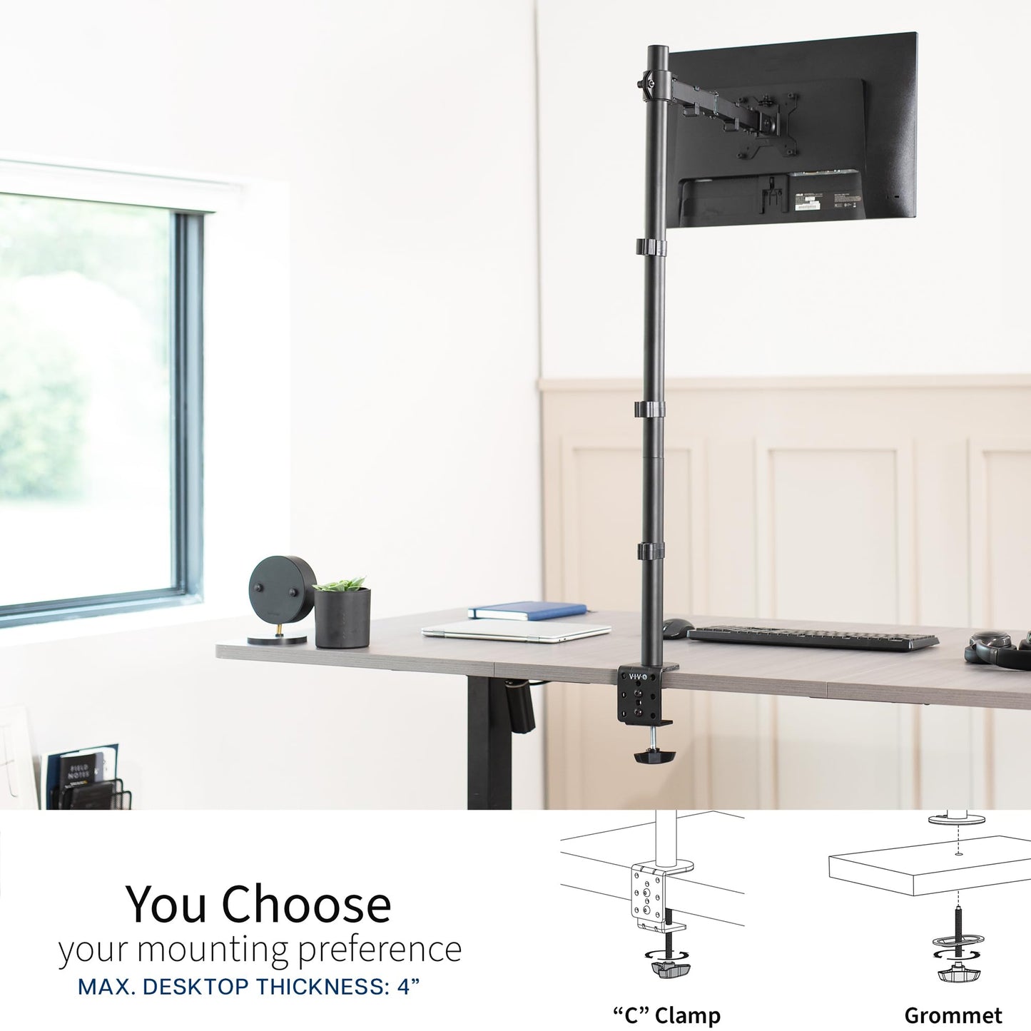 Soporte de Escritorio VIVO Negro Extra Alto para Monitor Individual con Poste de 39 Pulgadas para Pantallas de 13 a 32 Pulgadas de hasta 22 Libras con Montaje VESA