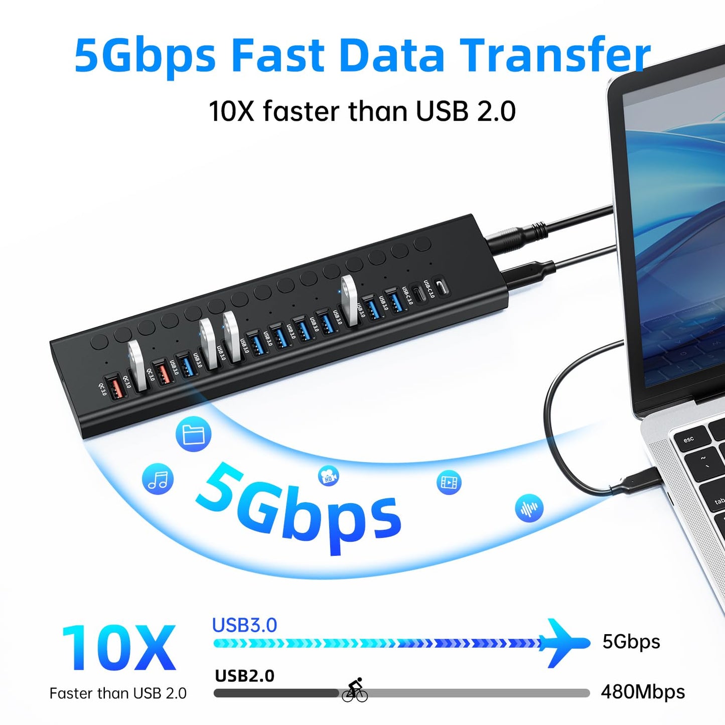Hub USB 3.0 con alimentación, divisor de concentrador USB C de 16 puertos (10 USB 3.0+2 QC 3.0+2 carga inteligente +2 USB-C 3.0) con interruptores individuales, adaptador de corriente certificado UL