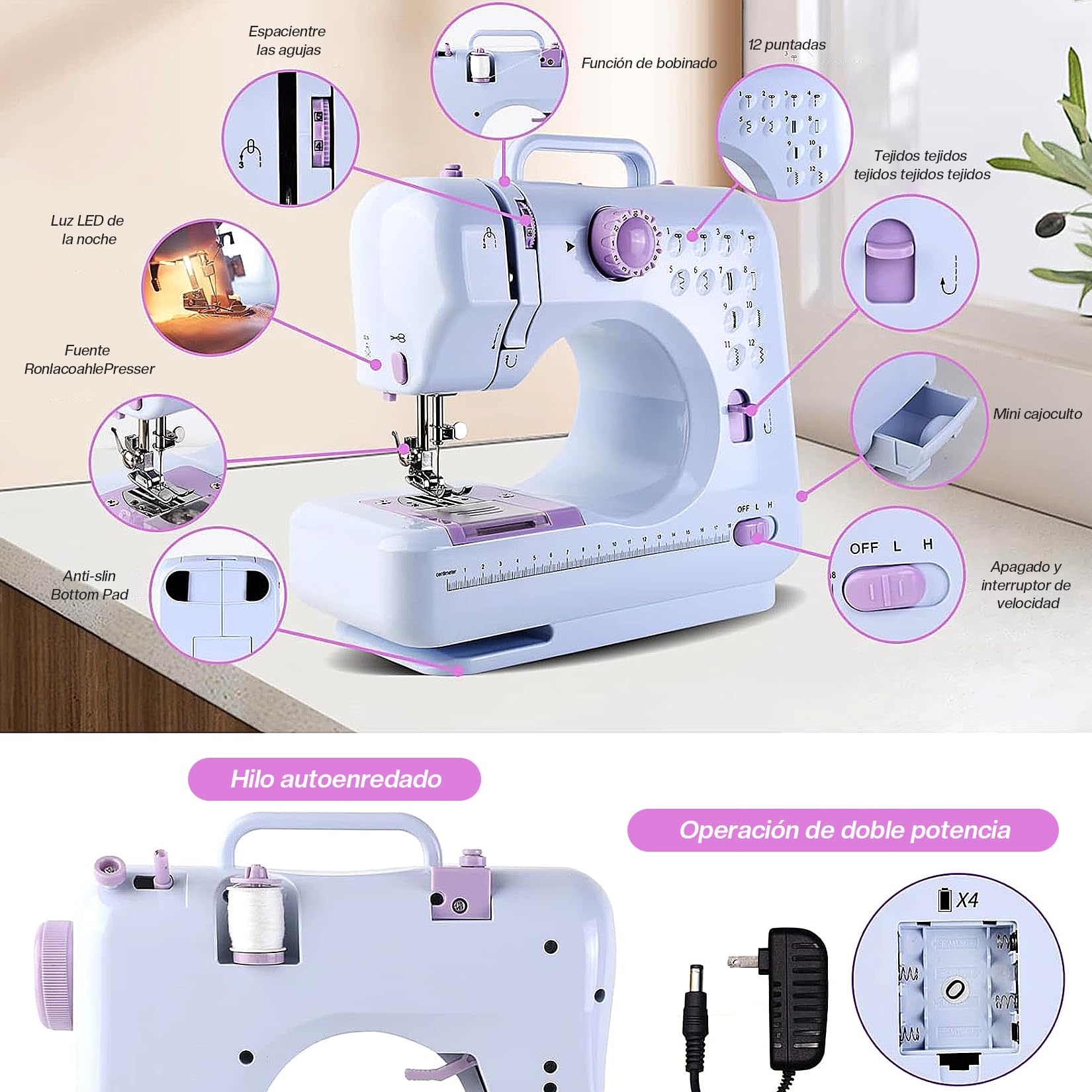 Máquina de Coser Electrica - Maquina de Coser Electrica 12 Tipos de Puntadas,Pedal Eléctrico de Doble Uso,Función de Patchwork, Costura de Botones,Costura Cilíndrica,Adecuado para Principiantes