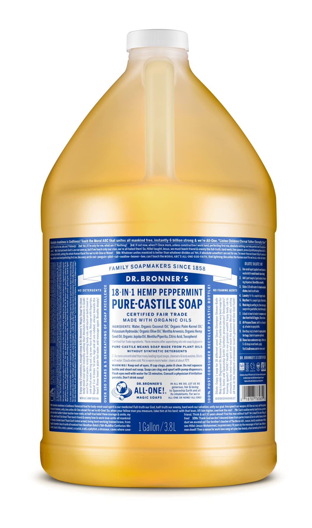 Dr. Bronner's | Jabón de castilla orgánico líquido multiusos, fórmula concentrada, frescor intenso y piel revitalizada, con aceite esencial natural, aroma Menta (3.8 L)