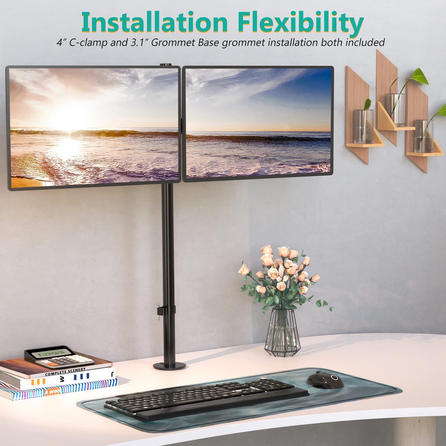 Soporte Doble Monitor WALI Negro Extra Alto con Brazo para Dos Monitores hasta 27 Pulgadas de 10 kg
