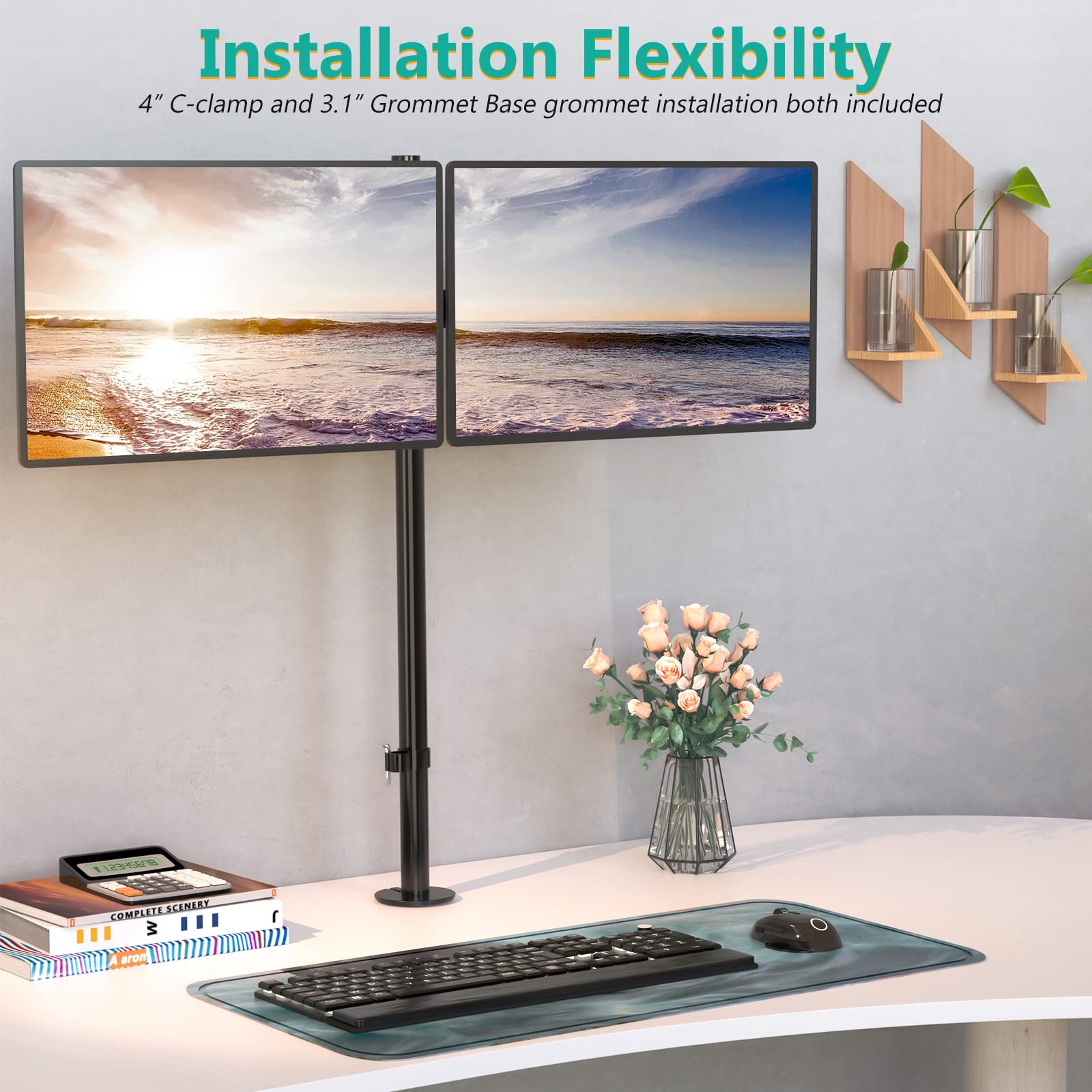 Soporte Doble Monitor WALI Negro Extra Alto con Brazo para Dos Monitores hasta 27 Pulgadas de 10 kg