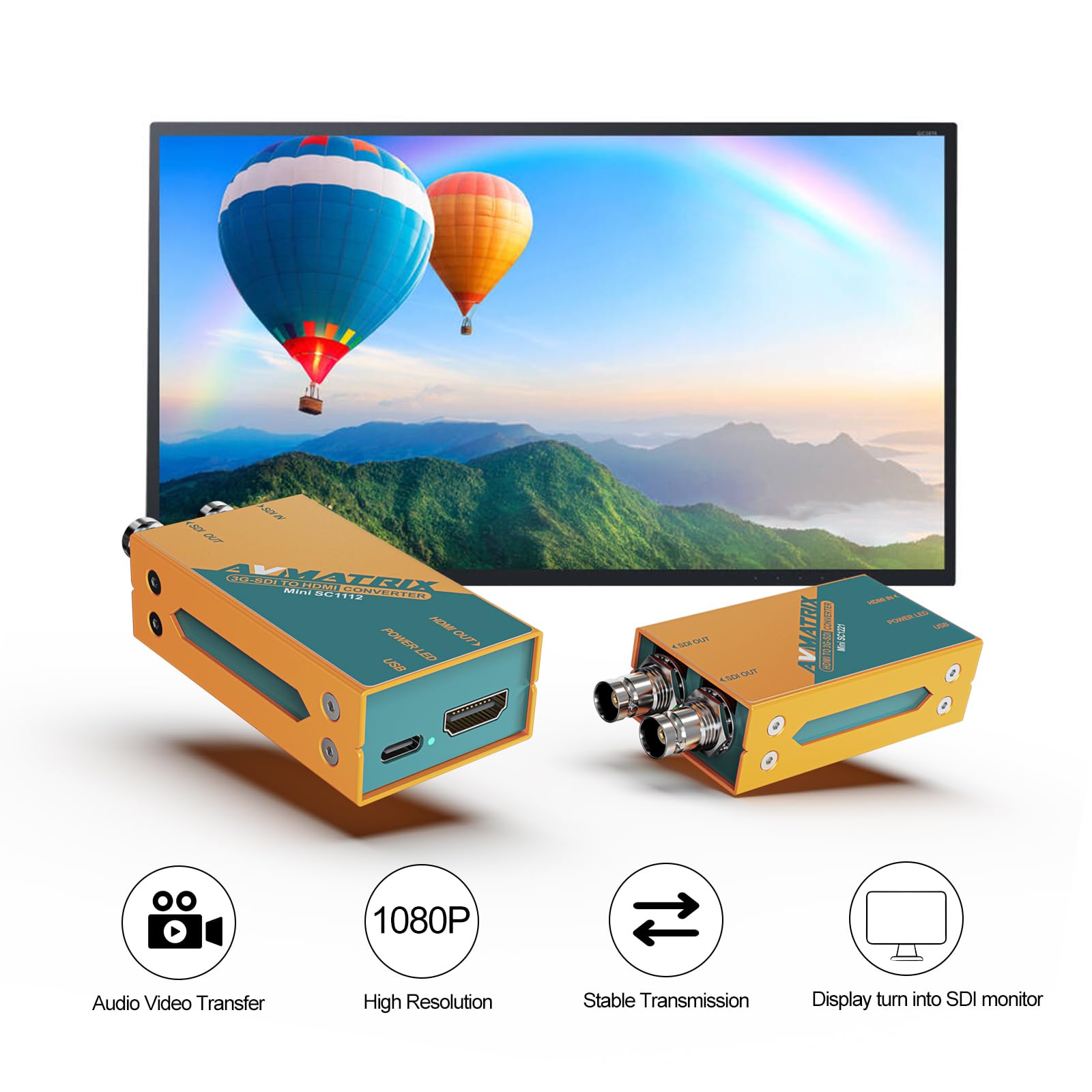 AVMATRIX MINI SC1112 Mini convertidor SDI a HDMI, HD/SD/3G-SDI Loop Out, convertidor SDI/HDMI tamaño de bolsillo y fácil montaje, solución de alimentación USB-C