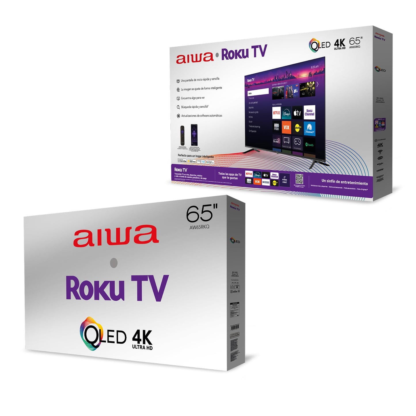 Aiwa Pantalla Smart Tv 65 Pulgadas Qled 4K Uhd Aw65rkq Compatible con Apple Airplay, Homekit, Alexa y Google Home - Roku Tv Integrado con B?squeda por Voz, Hdmi, Wifi y Acceso a Apps de Streaming