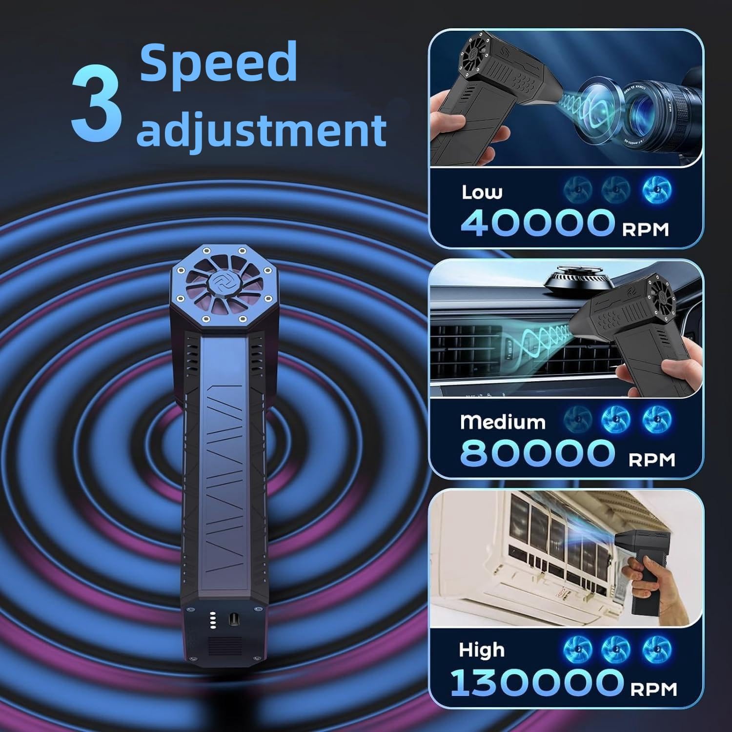KIZCGE Plumero de Aire Comprimido, Soplador Eléctrico 130000 RPM, 3 Velocidades, Batería Recargable para Automóvil, Hogar, Exterior, Limpieza de Teclado y PC