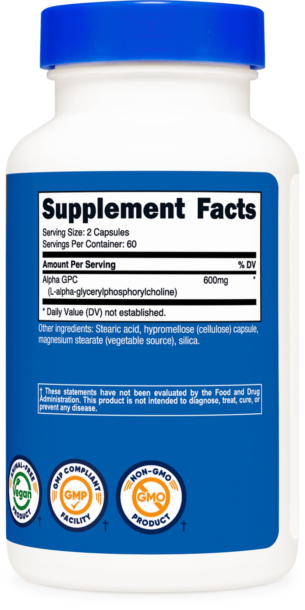 Cápsulas Alpha GPC Nutricost 600 mg Vegetarianas Sin OGM y Sin Gluten