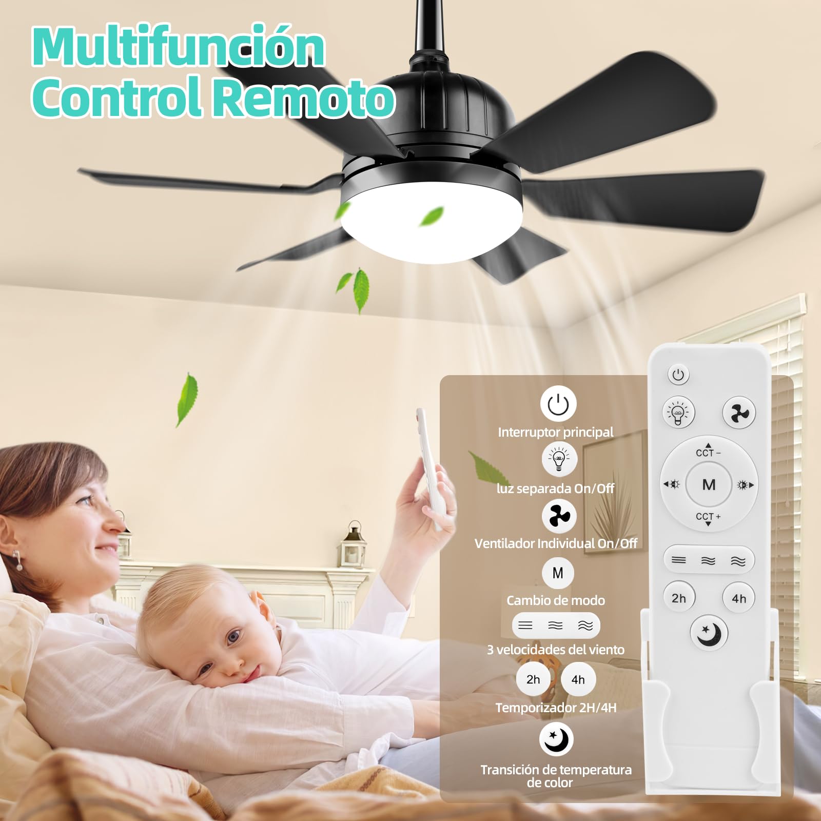Ventilador de Techo con Luz y Control Remoto E26/E27 Negro, Brillo Regulable y Tres Velocidades del Viento 40W