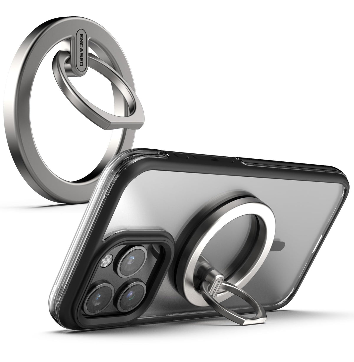 Funda iPhone 15 Pro MAX Encased Transparente Negro con Anillo y Soporte Magnético Antigolpes