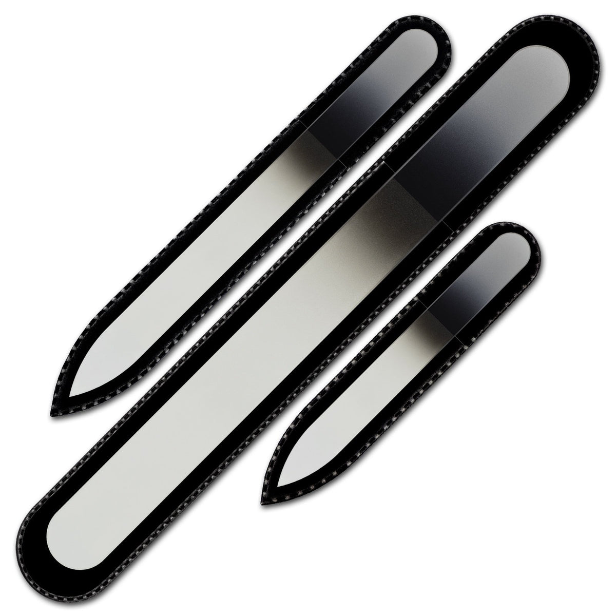Juego de 3 limas de uñas de vidrio - colores arcoíris, auténtico vidrio templado checo - hecho a mano en la República Checa - Blanco/Negro