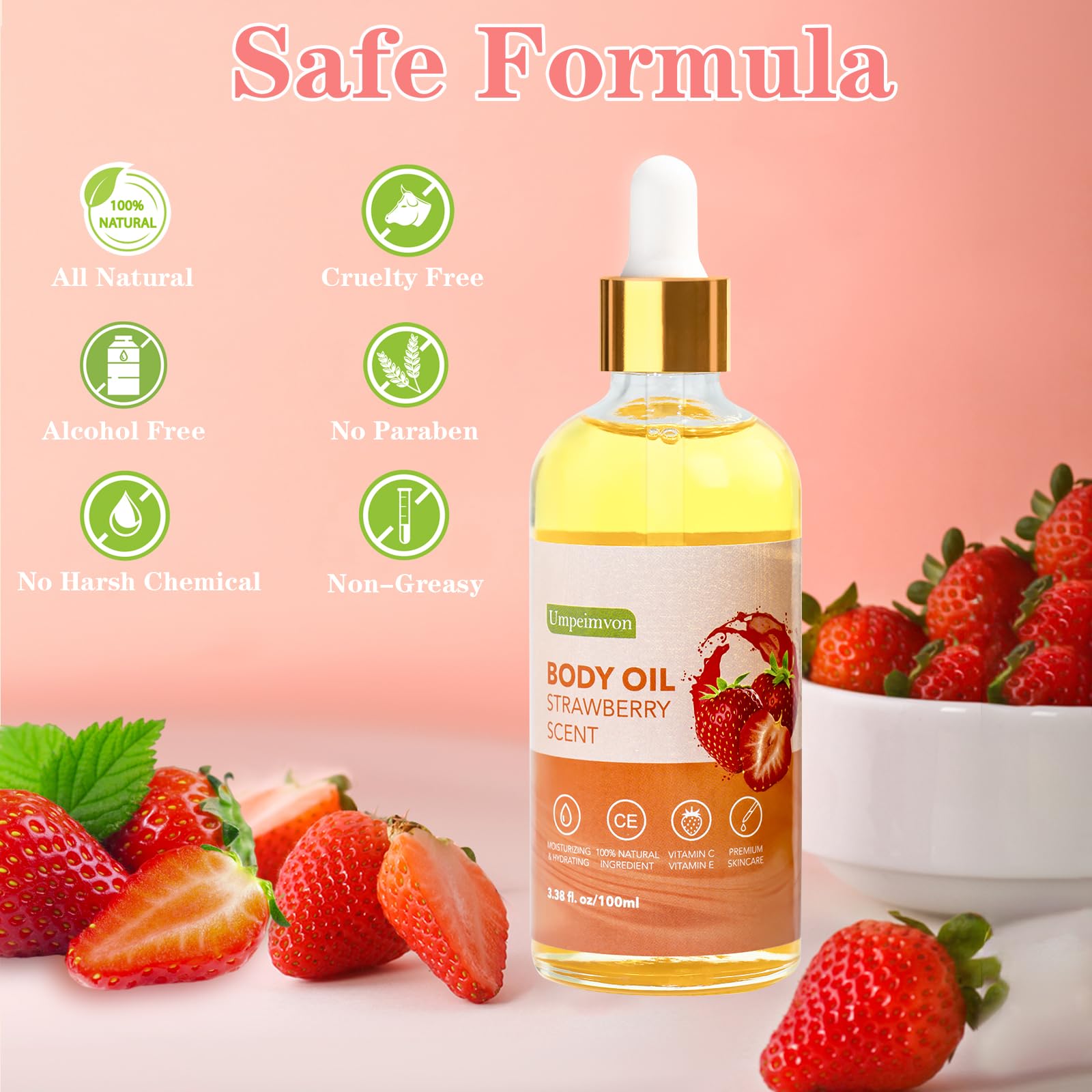 Umpeimvon- Paquete de 2 aceites corporales de fresa de 3,38 fl.oz para después de la ducha, aceites corporales con fragancia Gua Sha con vitamina C y E