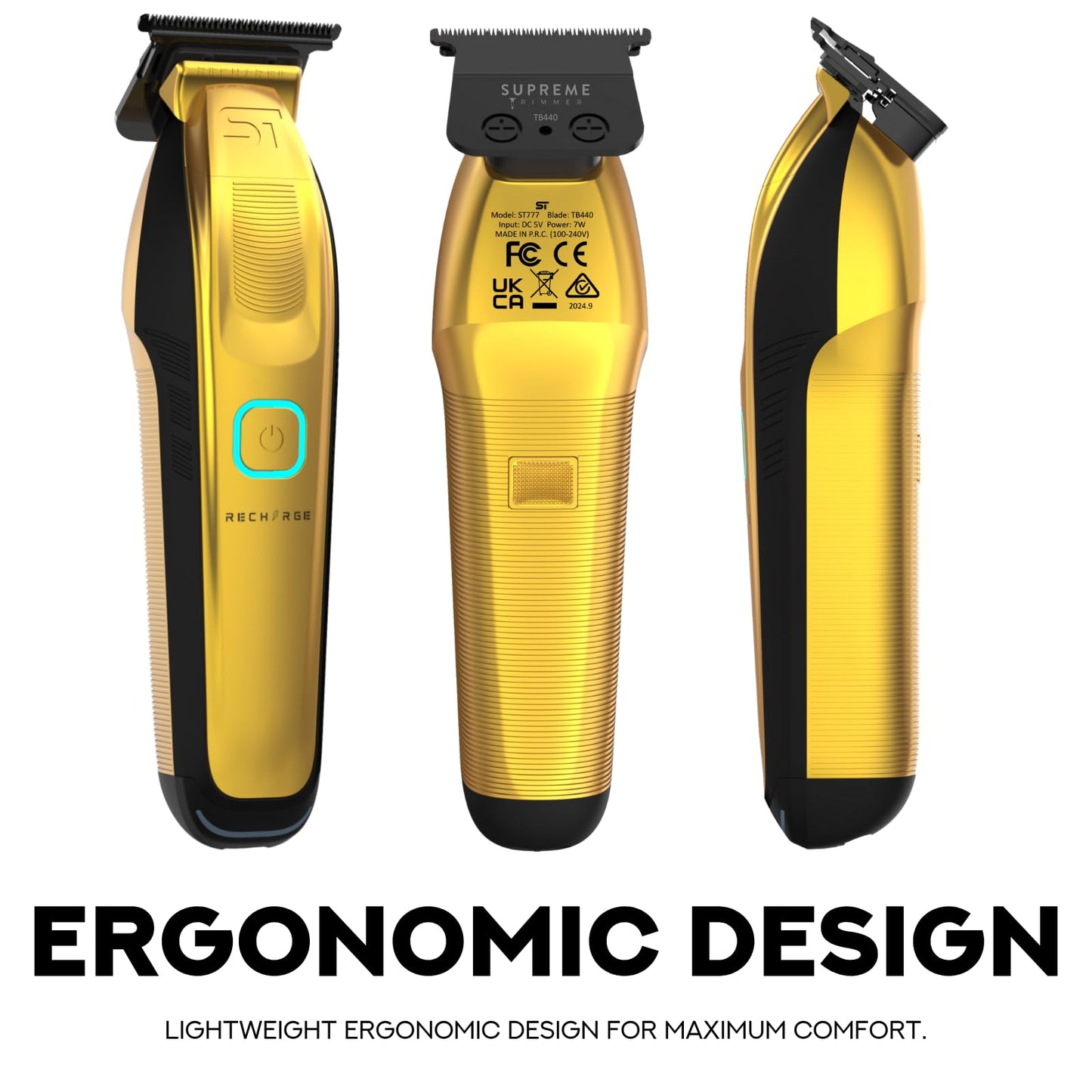 Supreme Trimmer Recarga Zero Gappable Trimmer para Barberos | 7500+ RPM, batería extraíble, soporte de carga USB inteligente + carga iPhone/Android | Gold ST777