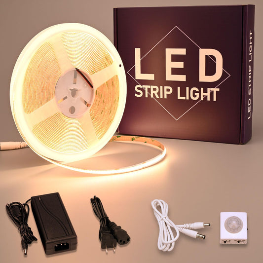 GOMING 24V 10M Sensor de Movimiento COB LED Tira de Luz Blanco Cálido 3000K CRI 93+ IP20 No Impermeable con 24V 3A Adaptador de Corriente para Armarios de Cocina Escalera Escaparate Dormitorio Cama