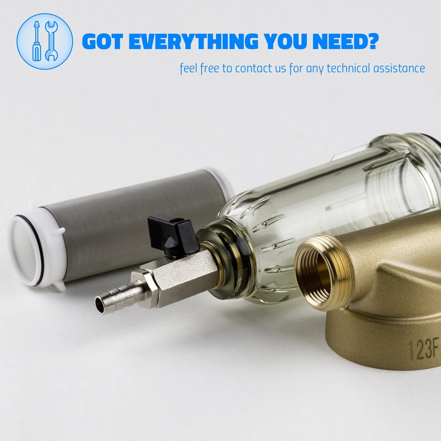 iSpring WSP-200 Filtro De Agua Reutilizable Para Toda La Casa Spin Down De Sedimentos, Prefiltro De 200 Micrones Flushing, 20GPM, 1" MNPT + 3/4" FNPT, Latón