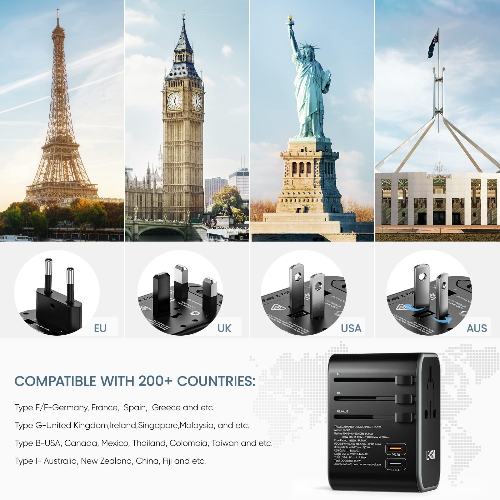 LENCENT Adaptador Universal de Viaje, Cargador Internacional con 3 Puertos USB & 2 PD USB-C, Adaptador Cargador Europeo con Enchufe Tipo A/C/G/I para USA/UE/Reino Unido/Australia/Argentina/China