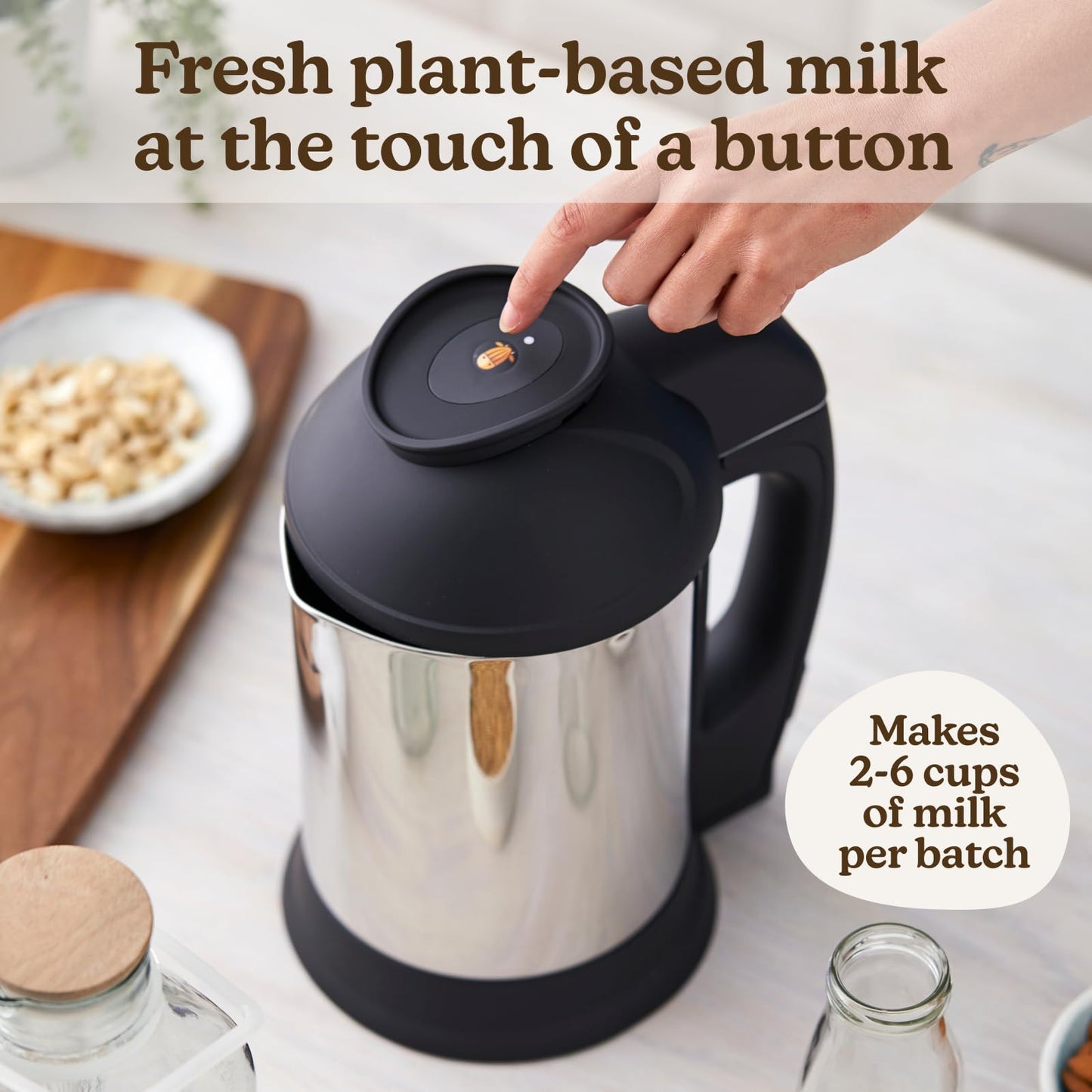 Máquina para hacer leche de nueces de vaca de almendras, máquina de leche a base de plantas para almendras, avena, anacardo, leche de soja, acero inoxidable, no necesita colar, hace 5-6 tazas, 120 V