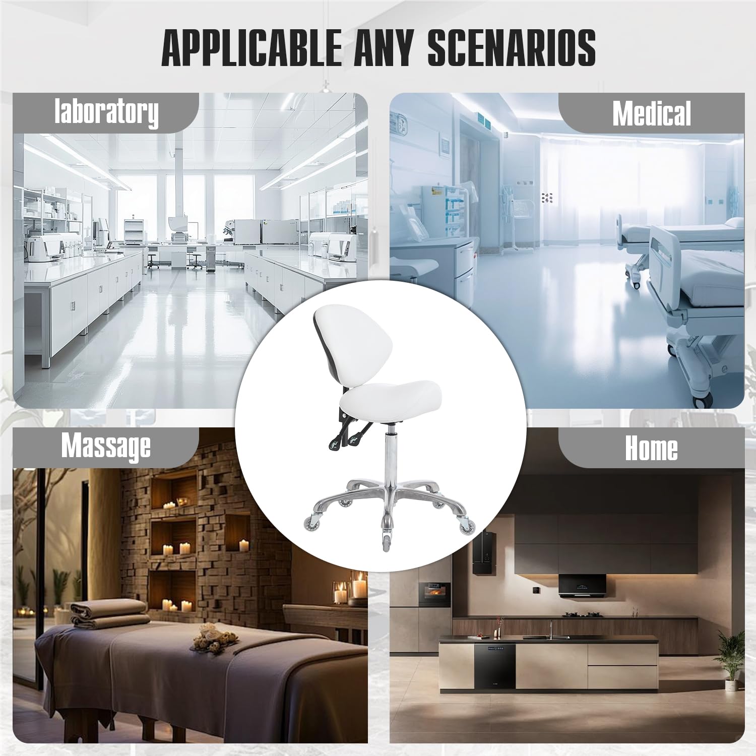 FRNIAMC - Taburete ergonómico con ruedas ajustable, hidráulico de alta resistencia (350 libras) para salón de laboratorio dental, estudio de masaje, oficina (blanco, con respaldo)