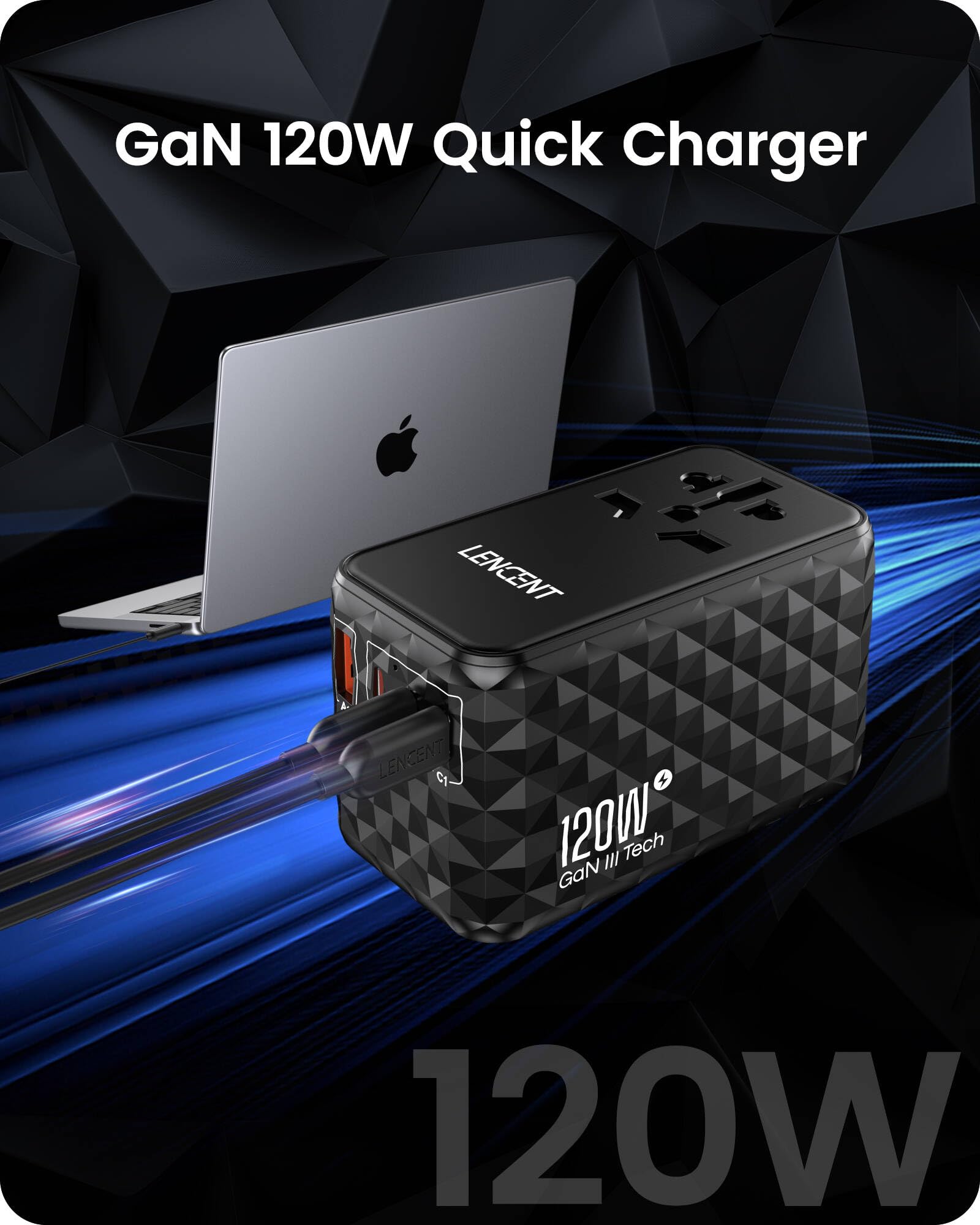 LENCENT Adaptador Universal de Viaje, 120W Internacional con 1 USB y 3 USB-C PD Carga Rápida, Cargador Europeo con Enchufe Tipo A/C/G/I para USA/UE/Reino Unido/Australia, Negro