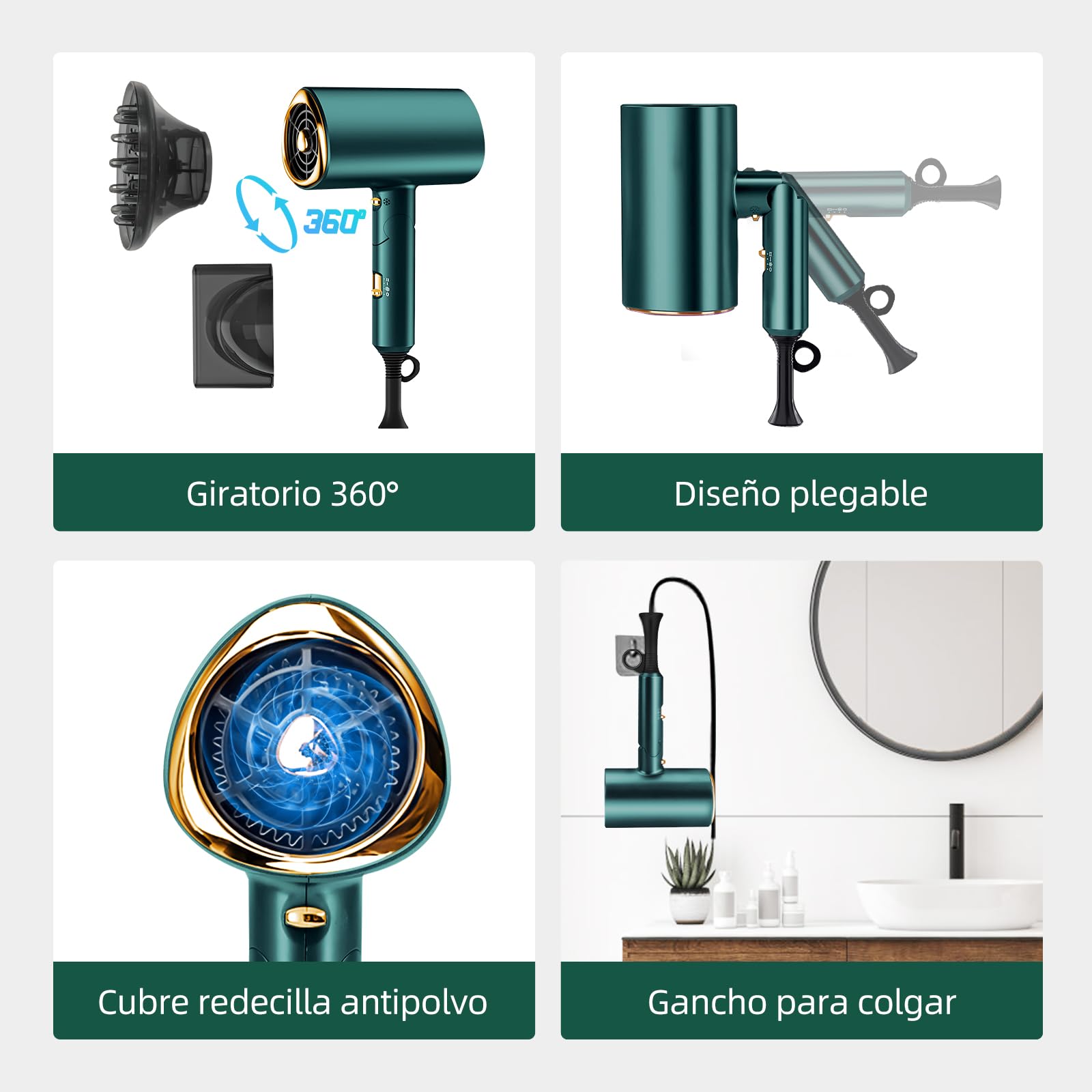 Secadora de Cabello,1800W Secador Cabello de Iónico Negativo,3 Velocidades de Ajuste Frío/Calor,Portatil y Plegable,Secadora para Cabello Profesional Con Boquilla y Difusor,Apto para Hogar,Viaje,Salón