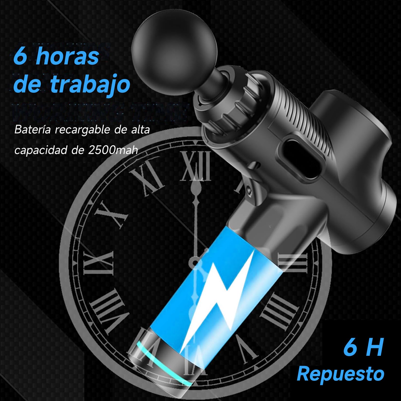 Pistola de Masaje：pistola masajeadora muscular con 6 Cabezales y 30 Velocidades Ajustables-Masajeador Portatil Muscular de Tejido Profundo para Aliviar el Dolor Masaje para Músculos Hombros Cuello (Negro)