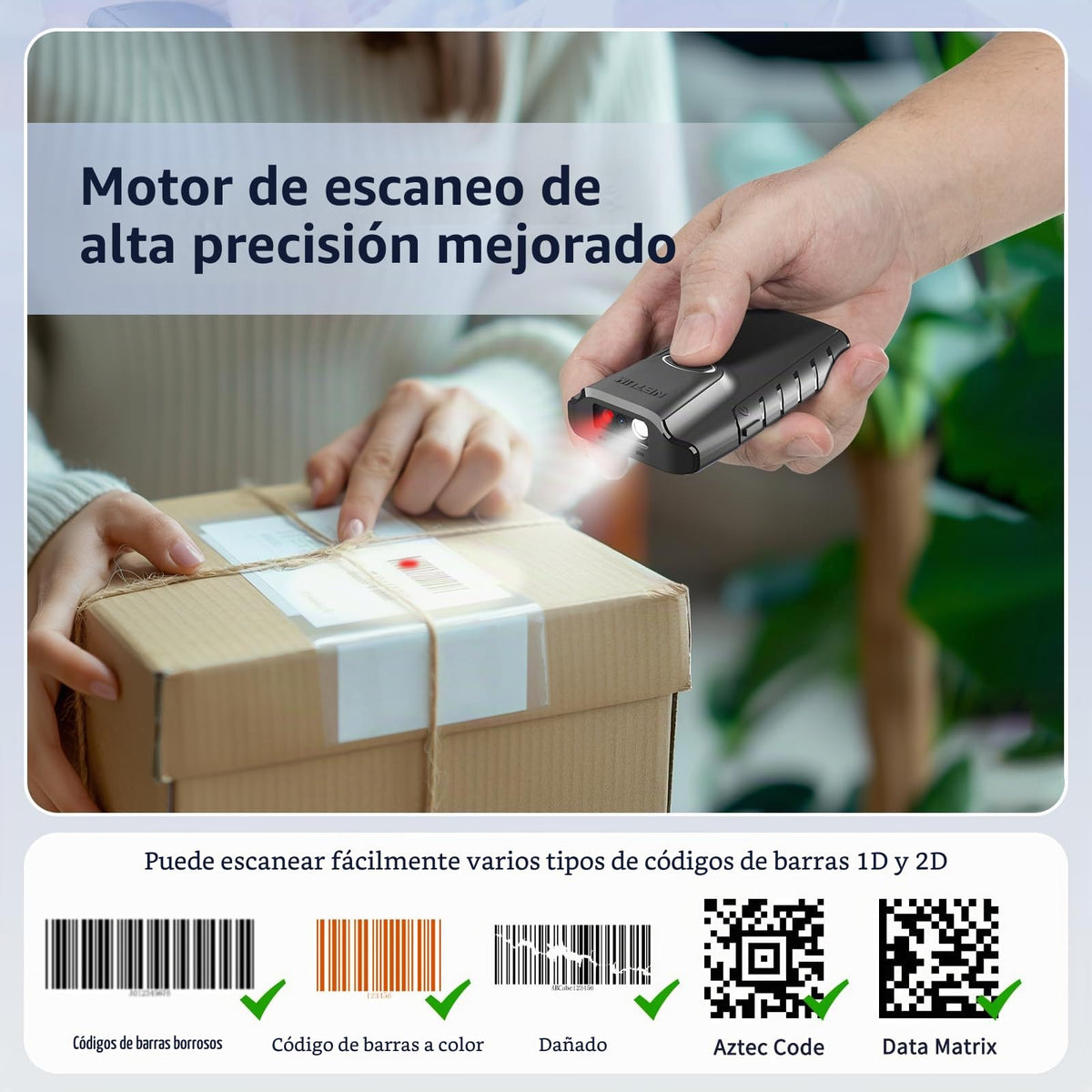 Escáner de Código de Barras NETUM Bluetooth 2D Portátil QR Automático Inalámbrico pequeño con Clip Trasero Compatible con Tablet iOS Android Windows MacOS