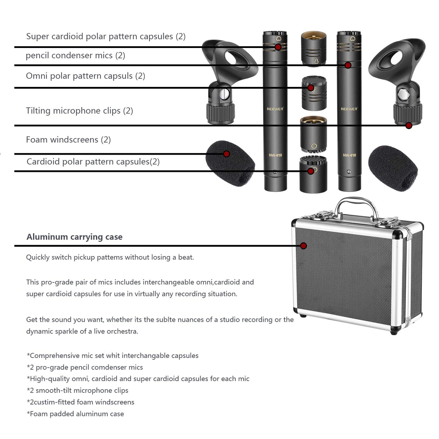 Micrófono Condensador Lápiz NEEWER Negro Cápsulas Intercambiables para Instrumentos Acústicos