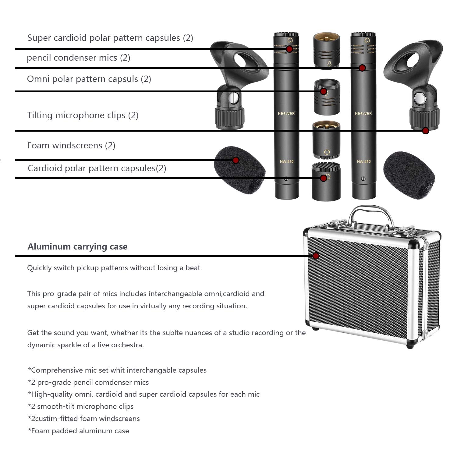 Micrófono Condensador Lápiz NEEWER Negro Cápsulas Intercambiables para Instrumentos Acústicos