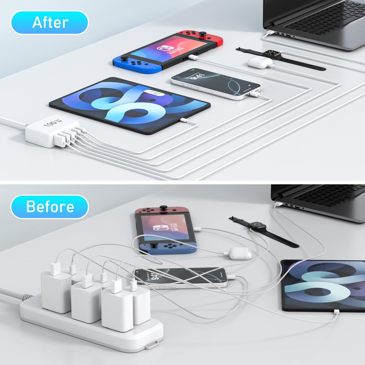 GaN - Cargador rápido USB C de 100 W con bloque compacto de 6 puertos GaN estación de carga HUB Brick portátil de pared PD cargador adaptador de corriente para iPhone 16 15 14 13 12 Pro Max iPad Pro