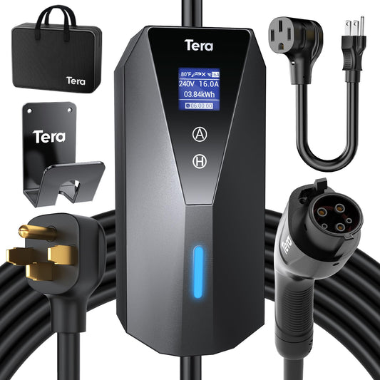 Tera Cargador eléctrico para vehículos portátil: Nivel 2 y 1 J1772 16A 8A 110V 240V ETL NEMA 14-50 Enchufe para Interiores y Exteriores EV estación de Carga con NEMA 5-15 Cable Adaptador P02 de 23