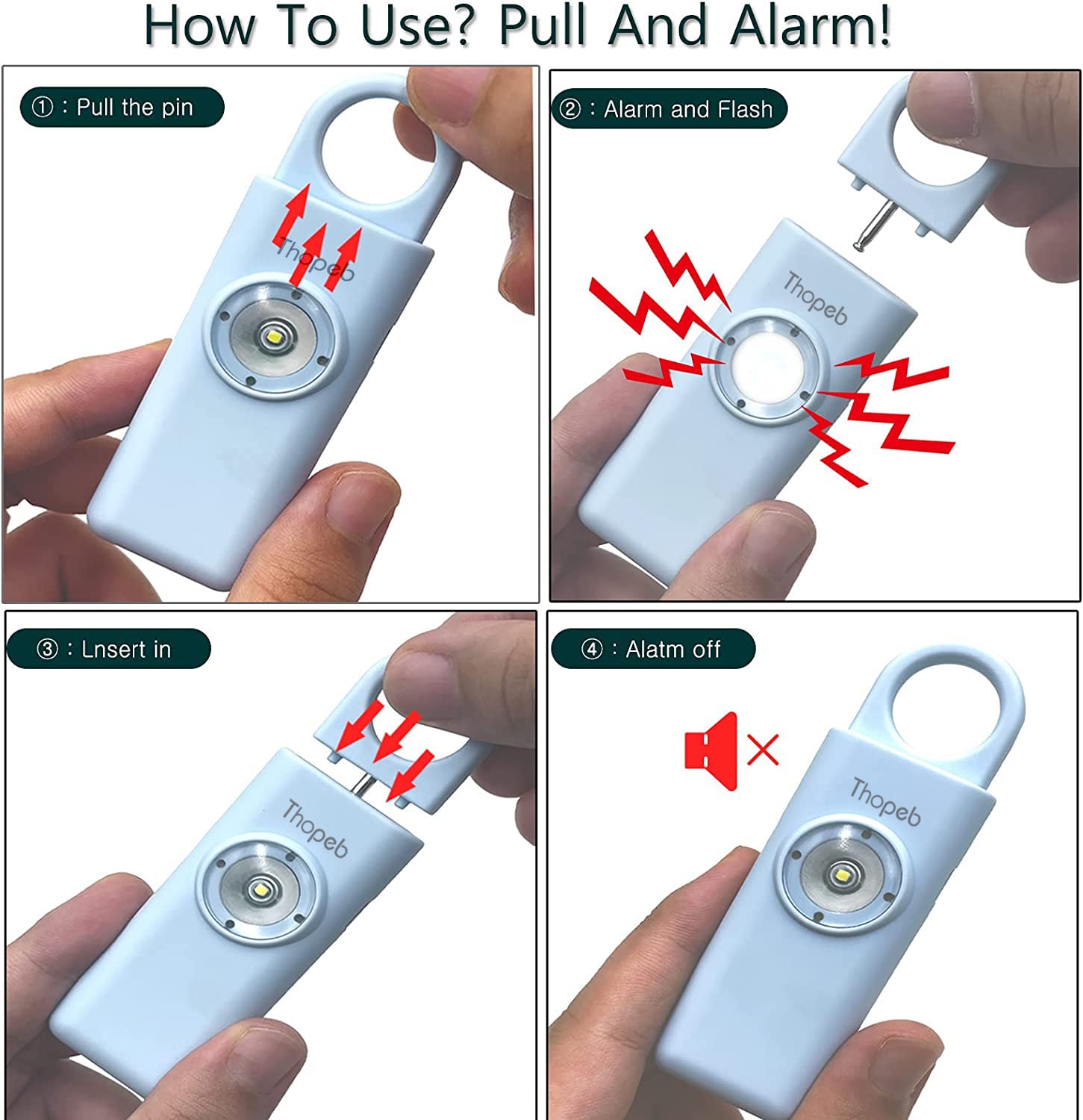 Llavero de Alarma de Seguridad Personal Thopeb Agua Recargable para Mujeres, Hombres, Niños y Ancianos