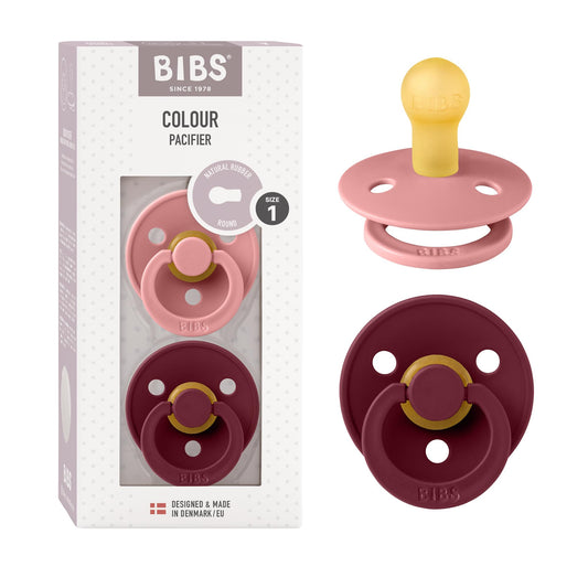 Bibs Colour paquete de 2, sin BPA, tetina redonda de látex de caucho natural, fabricado en Dinamarca, talla 1 (0-6 meses), color Dusty Pink/Eldeberry