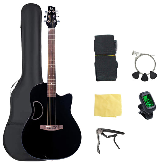 BREEZEE Guitarra ElectroAcústica Redonda de 41”, Incluye Accesorios, Diseñada sobre Fibra de Carbono y Abeto, Pastilla de 2 Bandas, Transmisión de Sonido Natural, Barnizado de Alto Brillo, Moderno