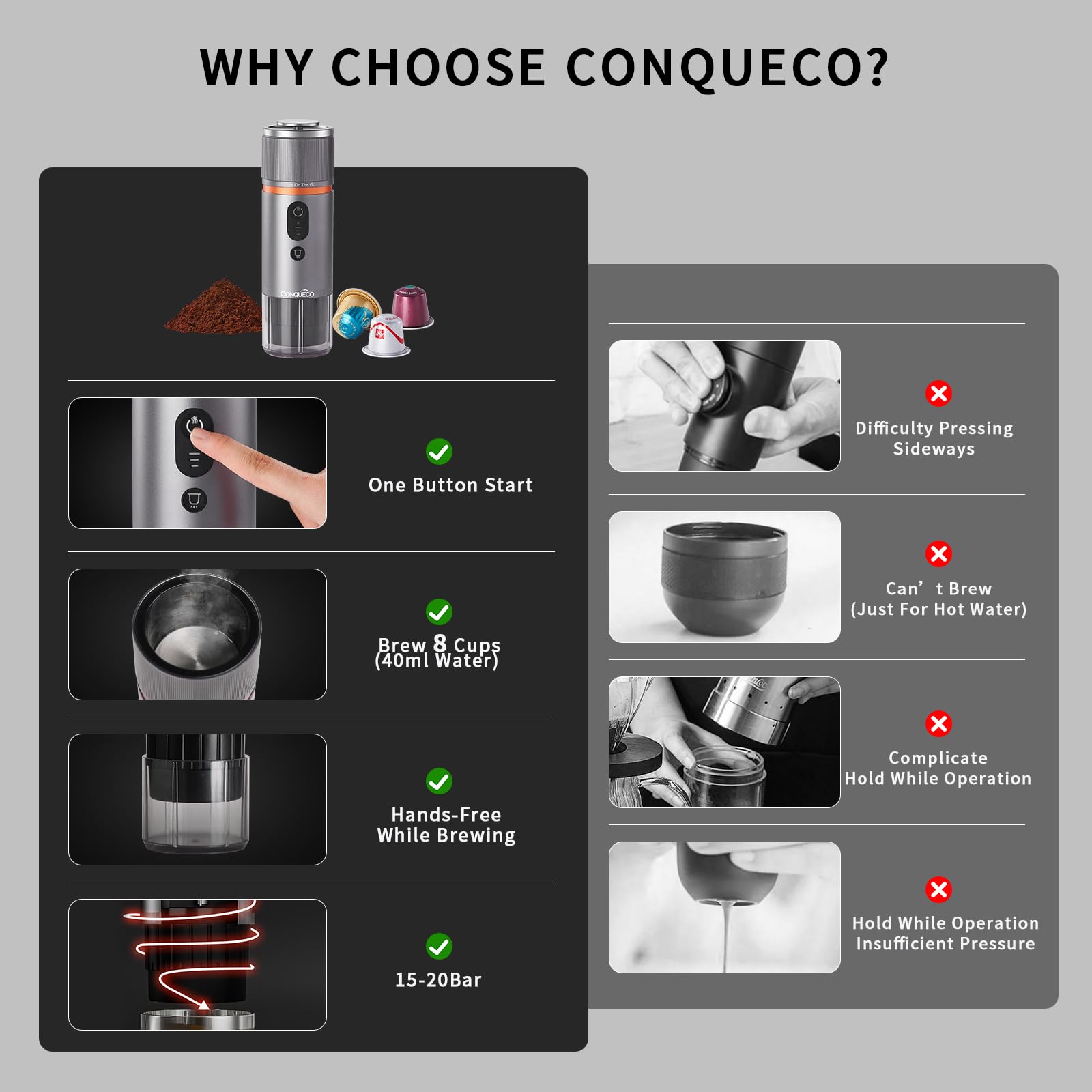 CONQUECO Cafetera Portátil con Cápsula de Espresso - 12V Máquina de Café Electrica con Batería - para Coche Camión y Viajes - Compatible con Cápsulas Originales Nespresso y Cápsula L'or（marrón）