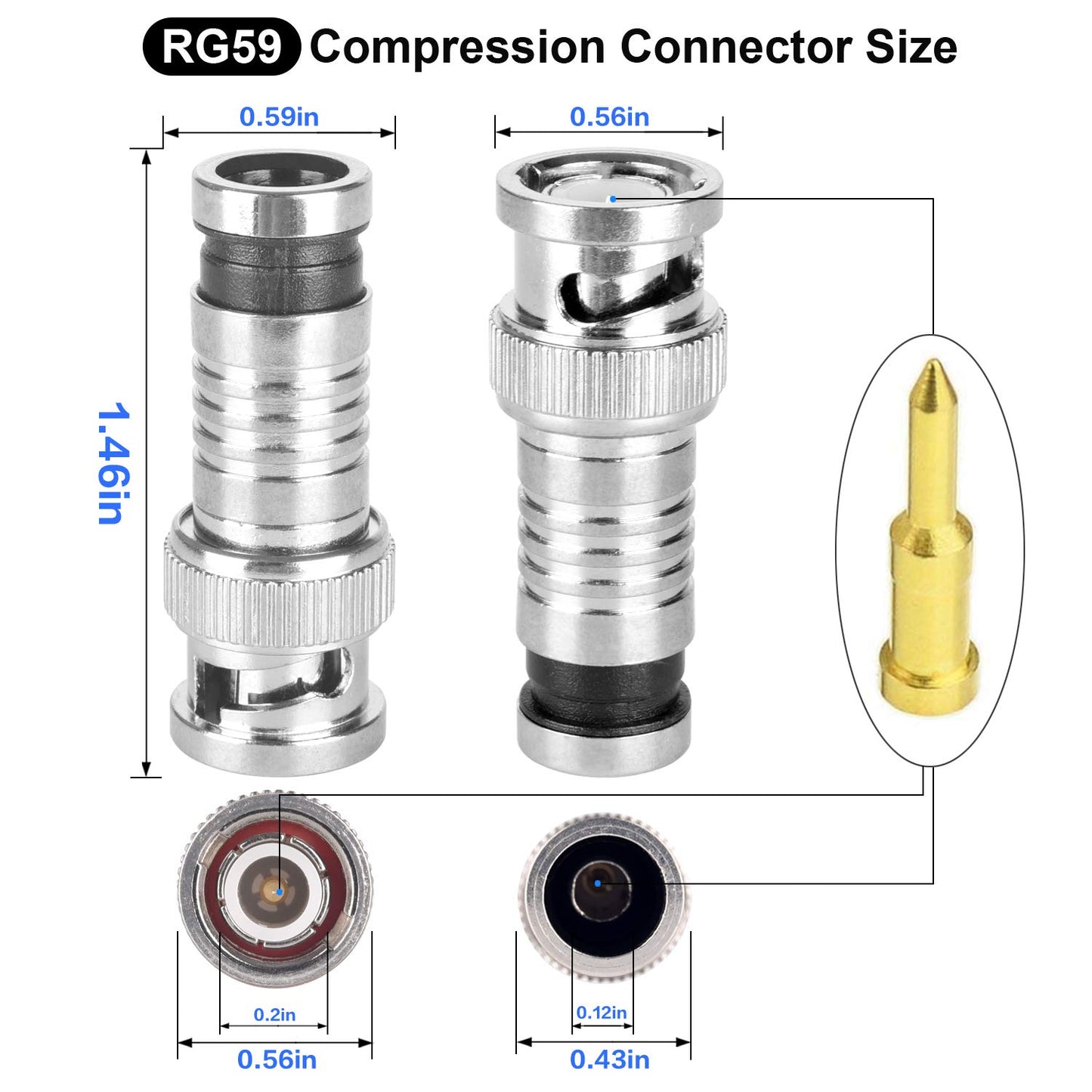 BNC - Conector de compresión RG59 - Cable coaxial siamés, adaptador coaxial, 20 unidades, acoplador de 75 ohmios con pin de cobre para CCTV, sistema de antena de cámara de seguridad para el hogar