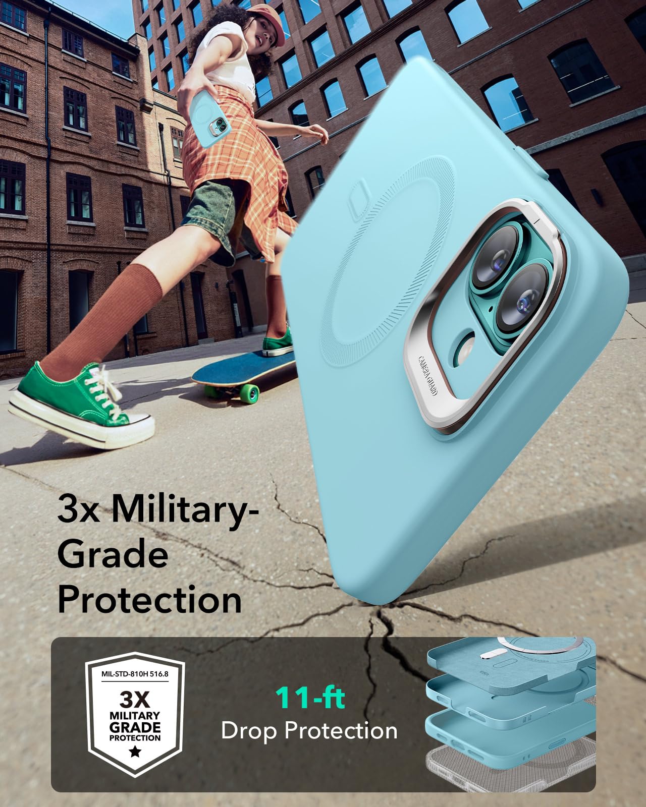 ESR - Funda para iPhone 16 de silicona con botón de control de cámara y soporte, compatible con MagSafe, soporte para cámara integrado, magnética, para iPhone 16 Pro Max, serie Cloud, verde azulado