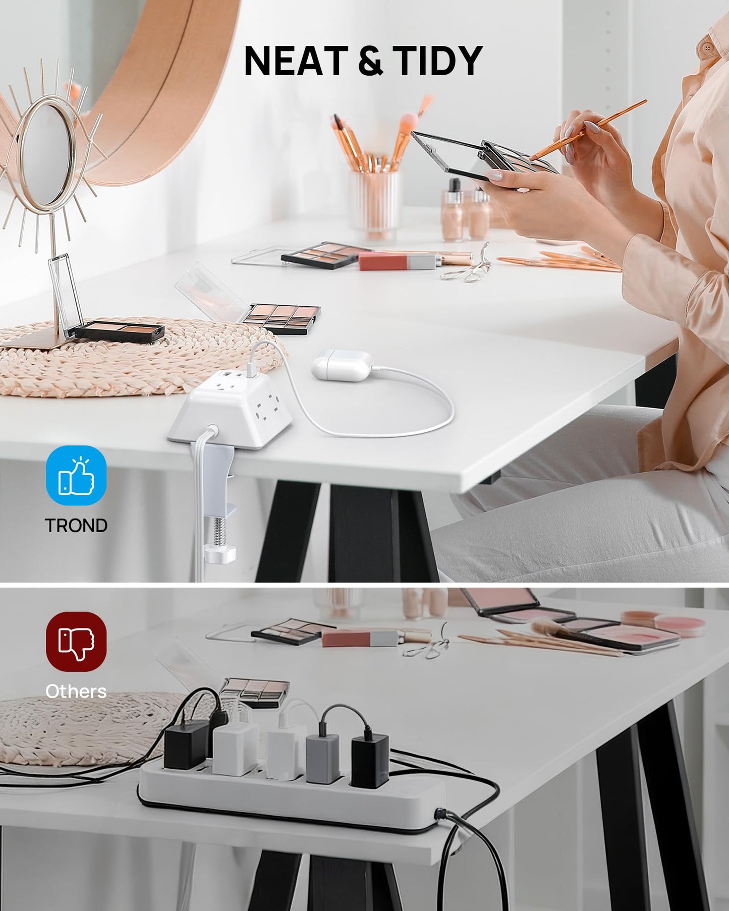 TROND Regleta Multicontacto con Abrazadera 3M, 5 Tomas AC y 3 Puertos USB, Protector de Sobretensión, Montaje en Escritorio, Apto para Mesas de 1.97", Ideal para Hogar, Oficina y Juegos,Blanco