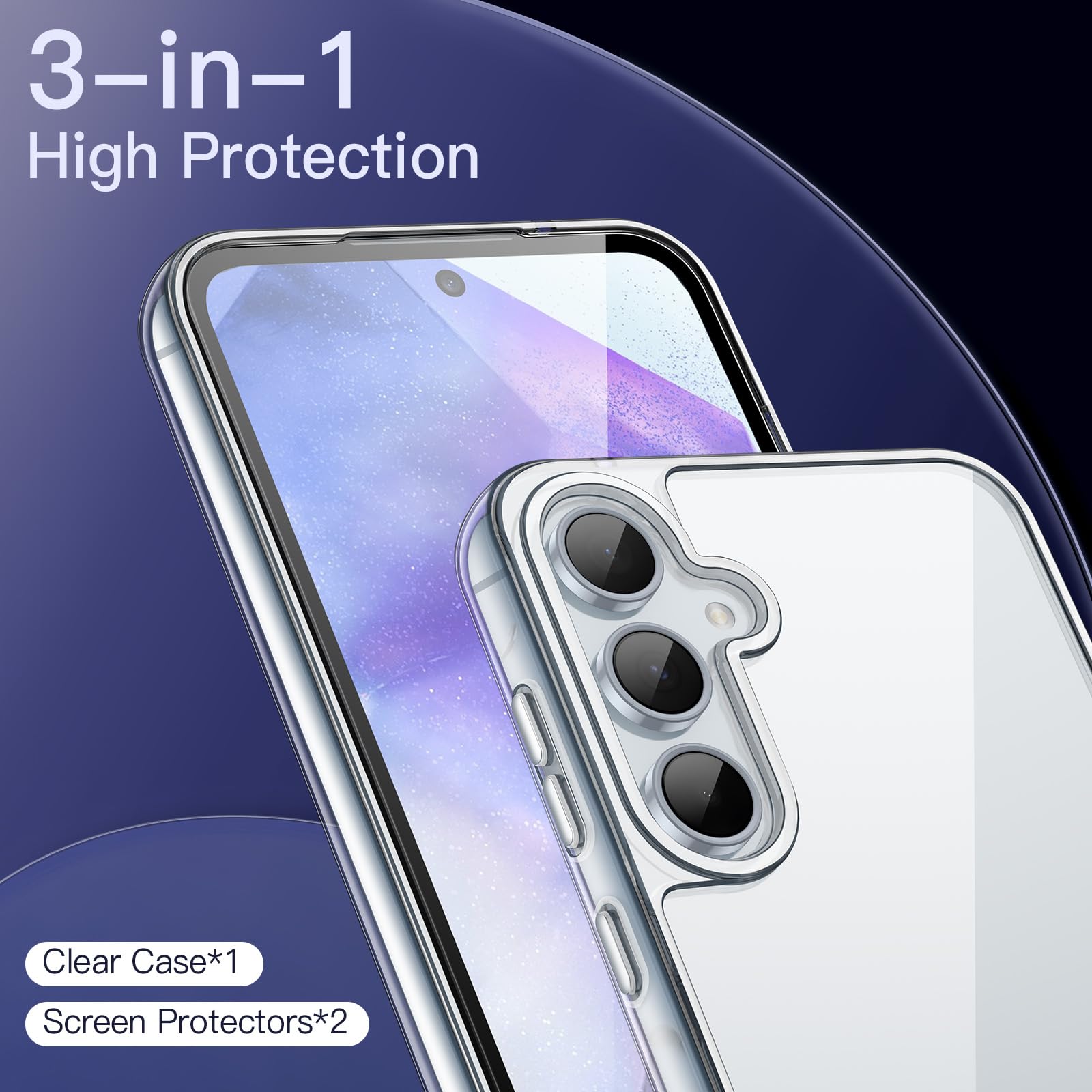 JETech 3 en 1 Funda para Samsung Galaxy A55 5G, con 2 Unidades Protector Pantalla, Mica Cristal Vidrio Templado, Carcasa Antigolpes Protectora Respaldo Transparente (Transparente)