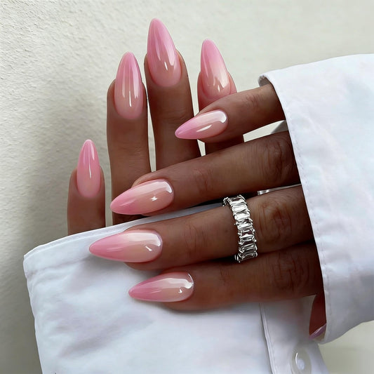 SXVME Uñas francesas cromadas prensadas almendra, uñas postizas ombré medianas con acabado de espejo esmaltado, uñas cromadas en degradado nude lila prensadas, uñas de gel stiletto para bodas de mujer