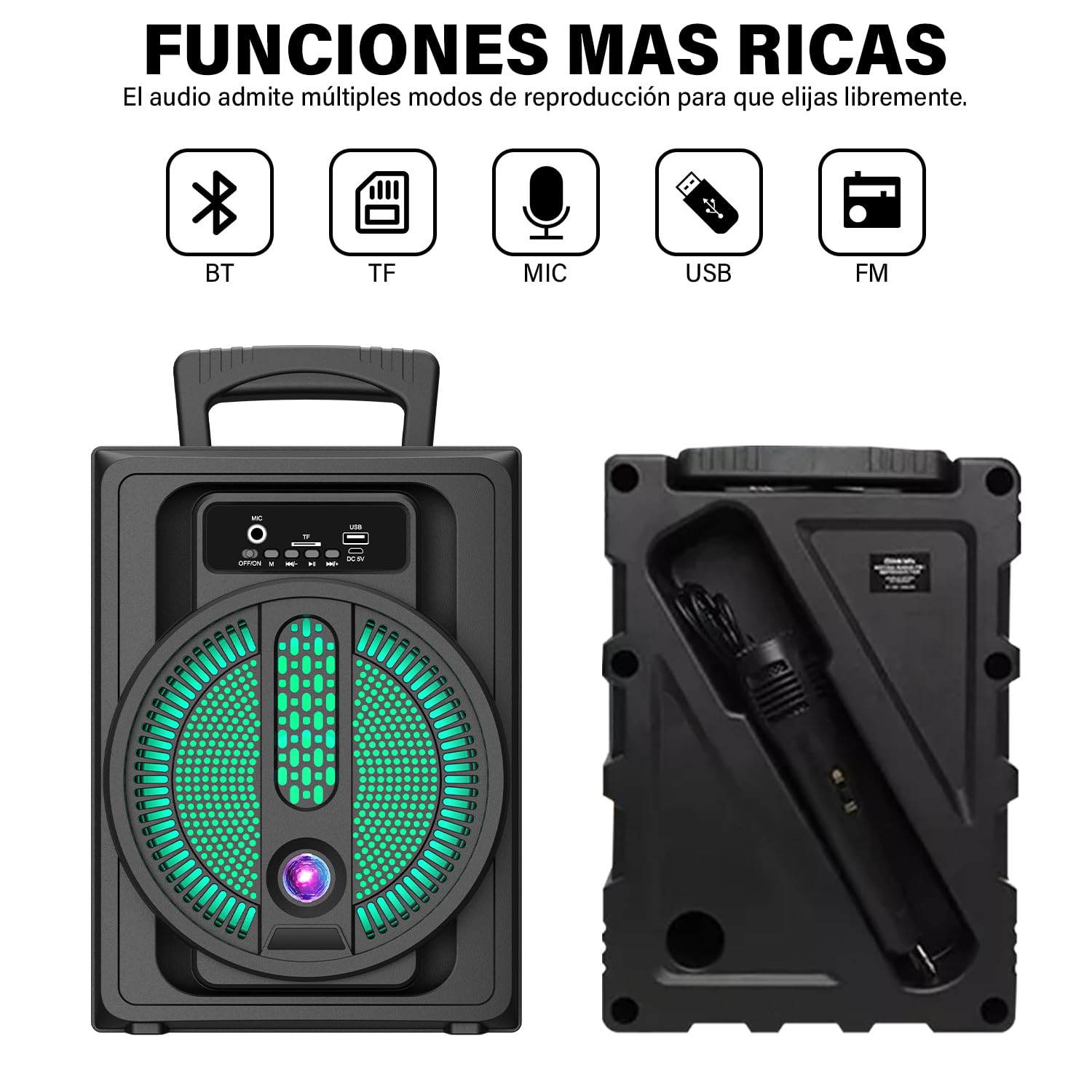 LINK BITS Bocina Bluetooth de 8 Pulgadas， Bocinas Altavoces Speaker Inalámbricos| RGB Luz Led | Sonido Estéreo | Viajes Música, Trabajo, Juegos | para iPhone, Android y PC（USB/TF/Mic）