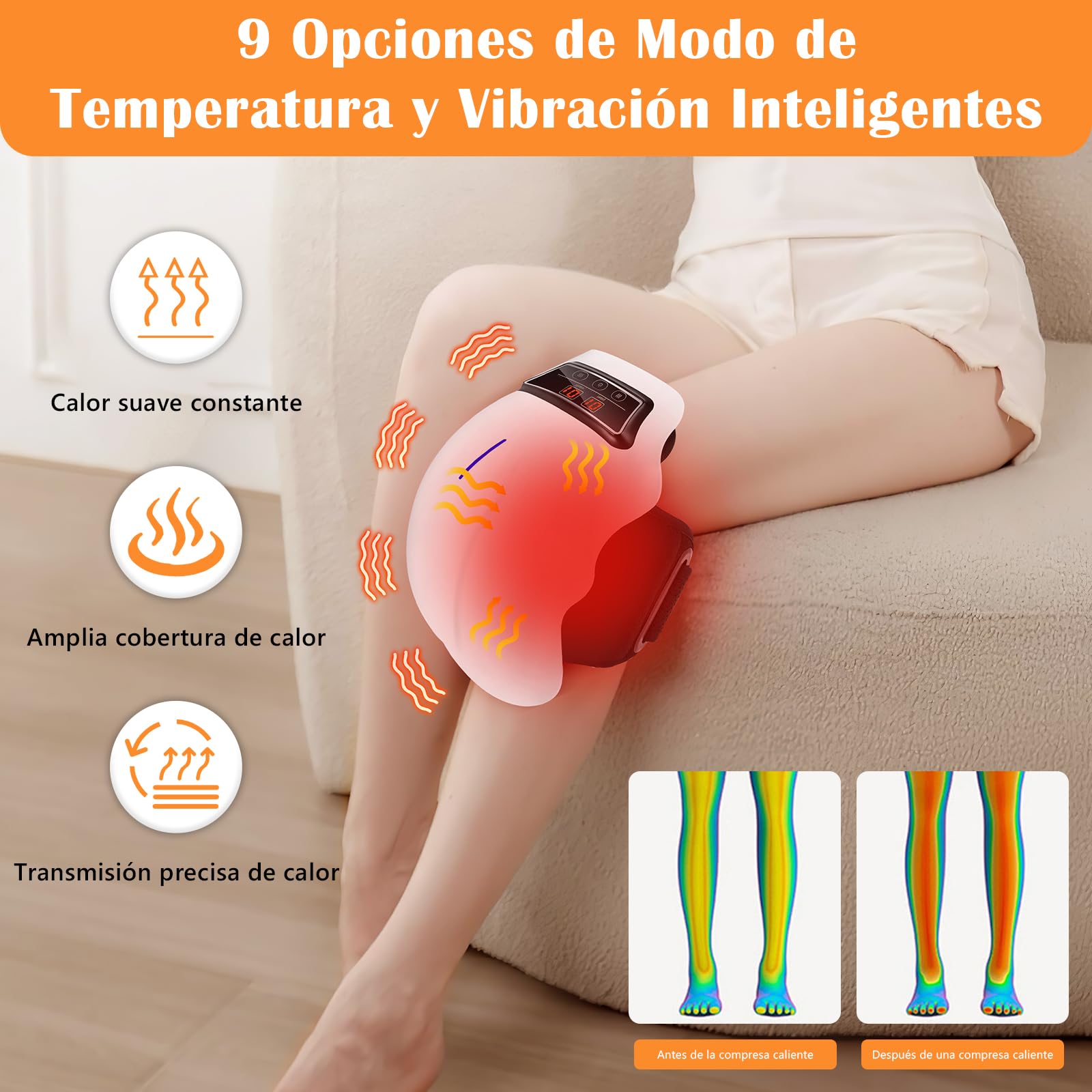 Masajeador de Rodilla,con 9 Niveles de Calor y Masaje Vibratorio,Alivia el Dolor Muscular,Simula el Amasado y Golpeteo de Las Manos Humanas,Transpirable y Cómodo,Sin Restricciones al Usar.