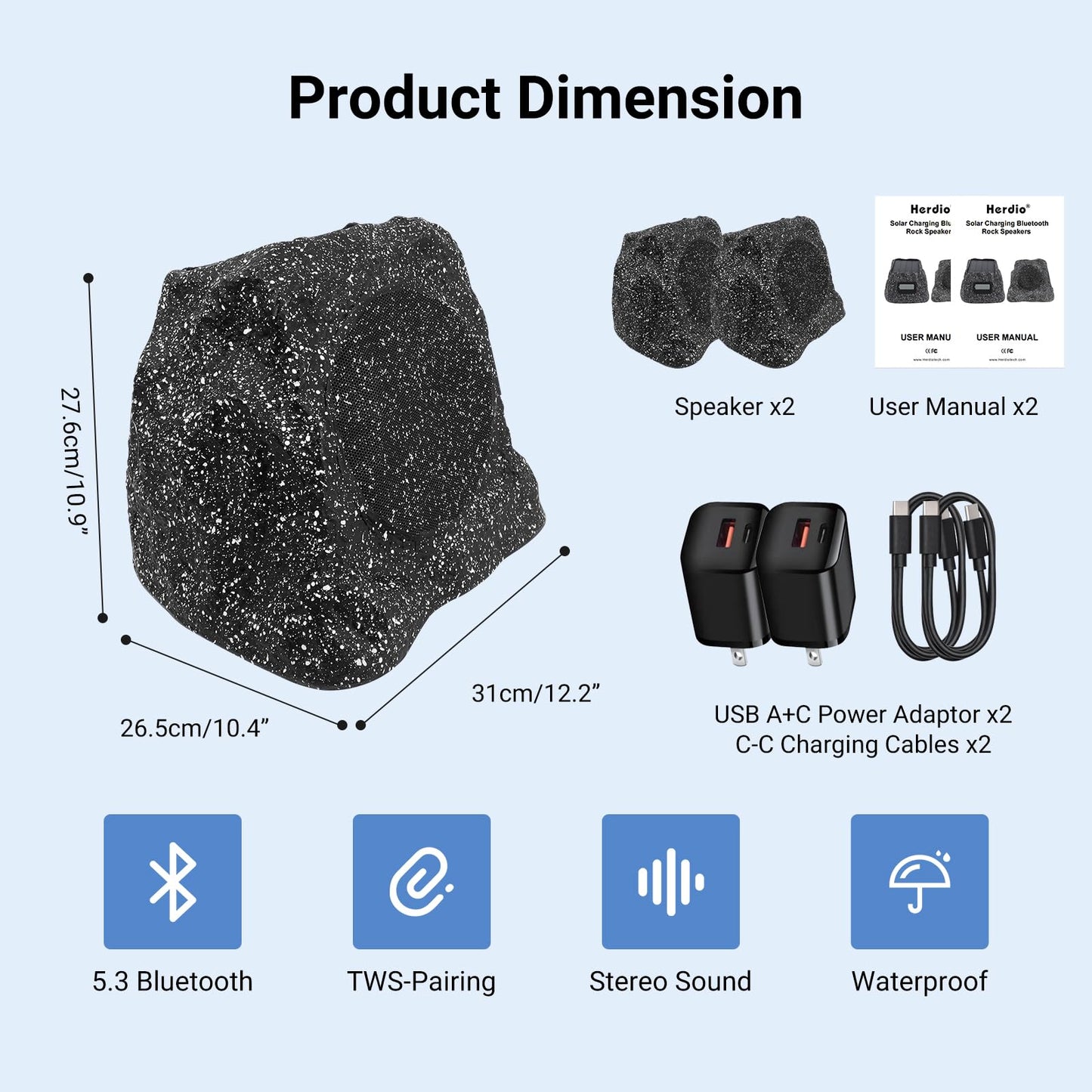 Herdio - Bocinas de roca Bluetooth de 6.5" para exteriores, resistentes al agua IPX7, inalámbricas, energía solar, 200 vatios máx., conexión TWS, alimentadas con batería recargable para jardín
