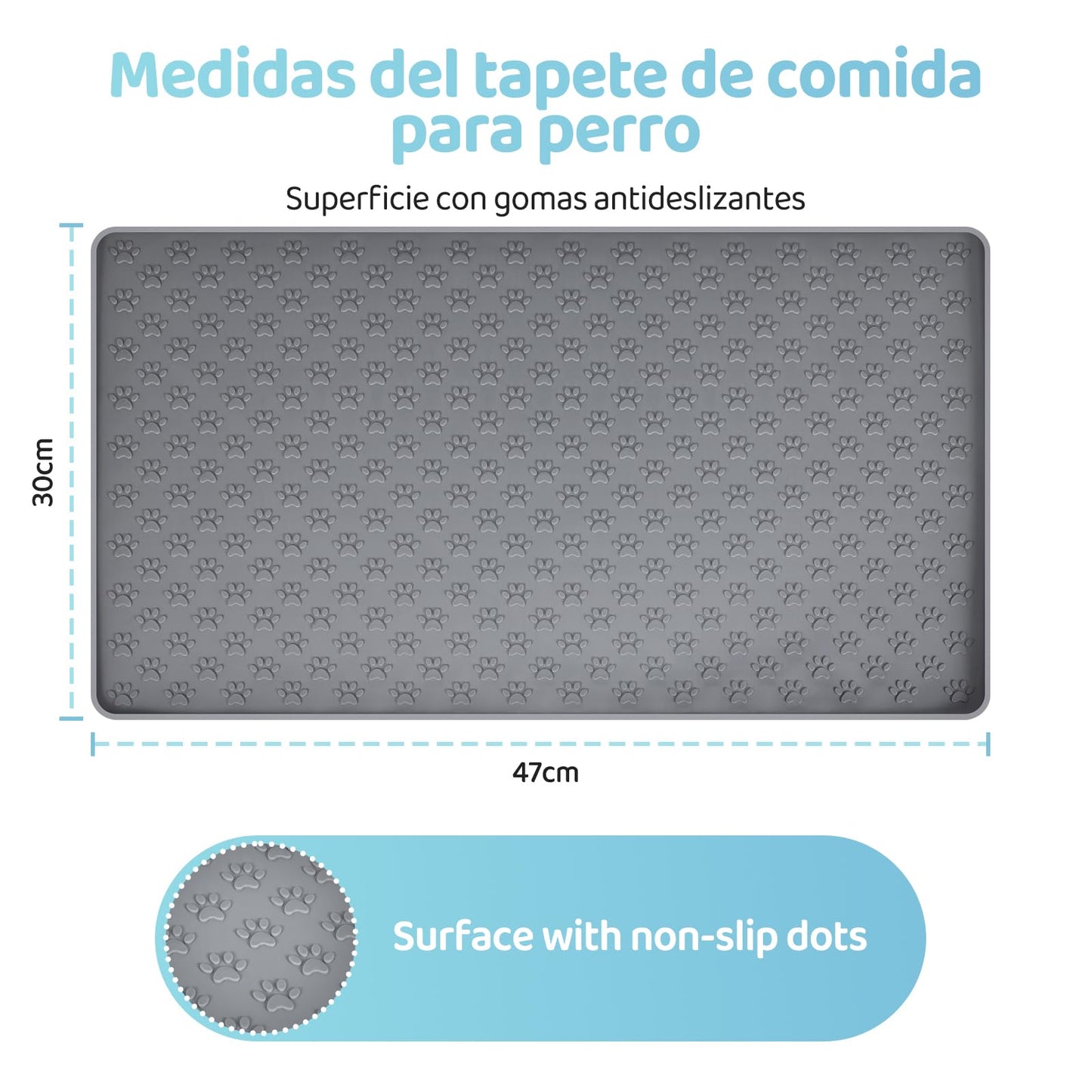 Tapete de Silicona Antideslizante para Comida de Gatos y Perros 47 x 30 cm Gris Impermeable y Fácil de Limpiar