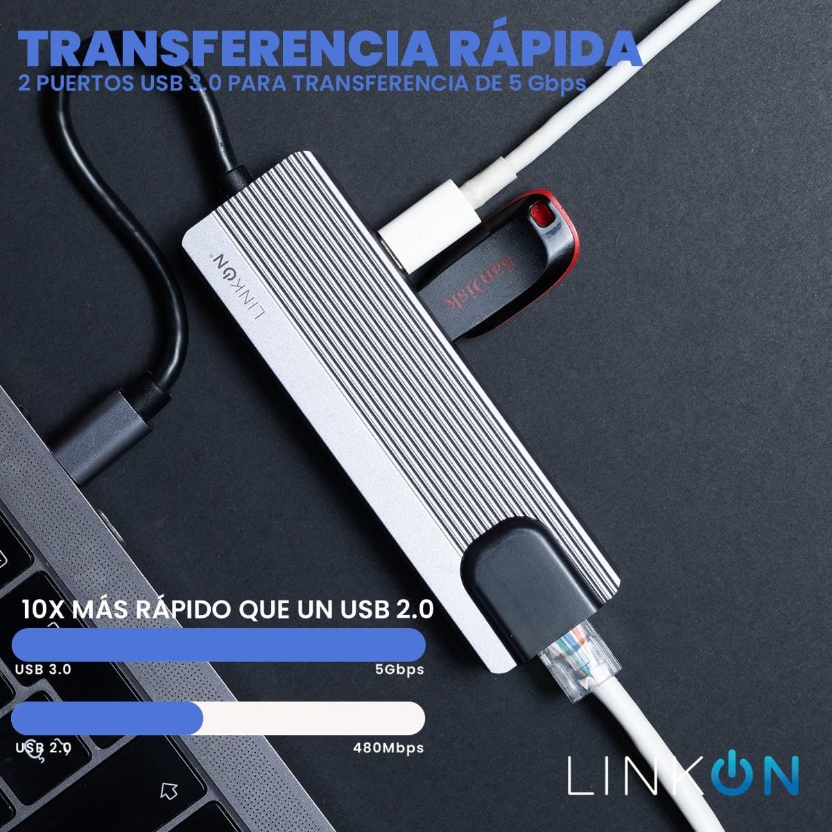 LINKON - Hub USB C Adaptador USB a Tipo C HDMI 4K, Ethernet Red RJ45 100Mbps, 2 Puertos USB 3.0, Carga Rápida 87W PD, Docking Station, Adaptador de Red (RJ45 5 en 1 100 MBps)
