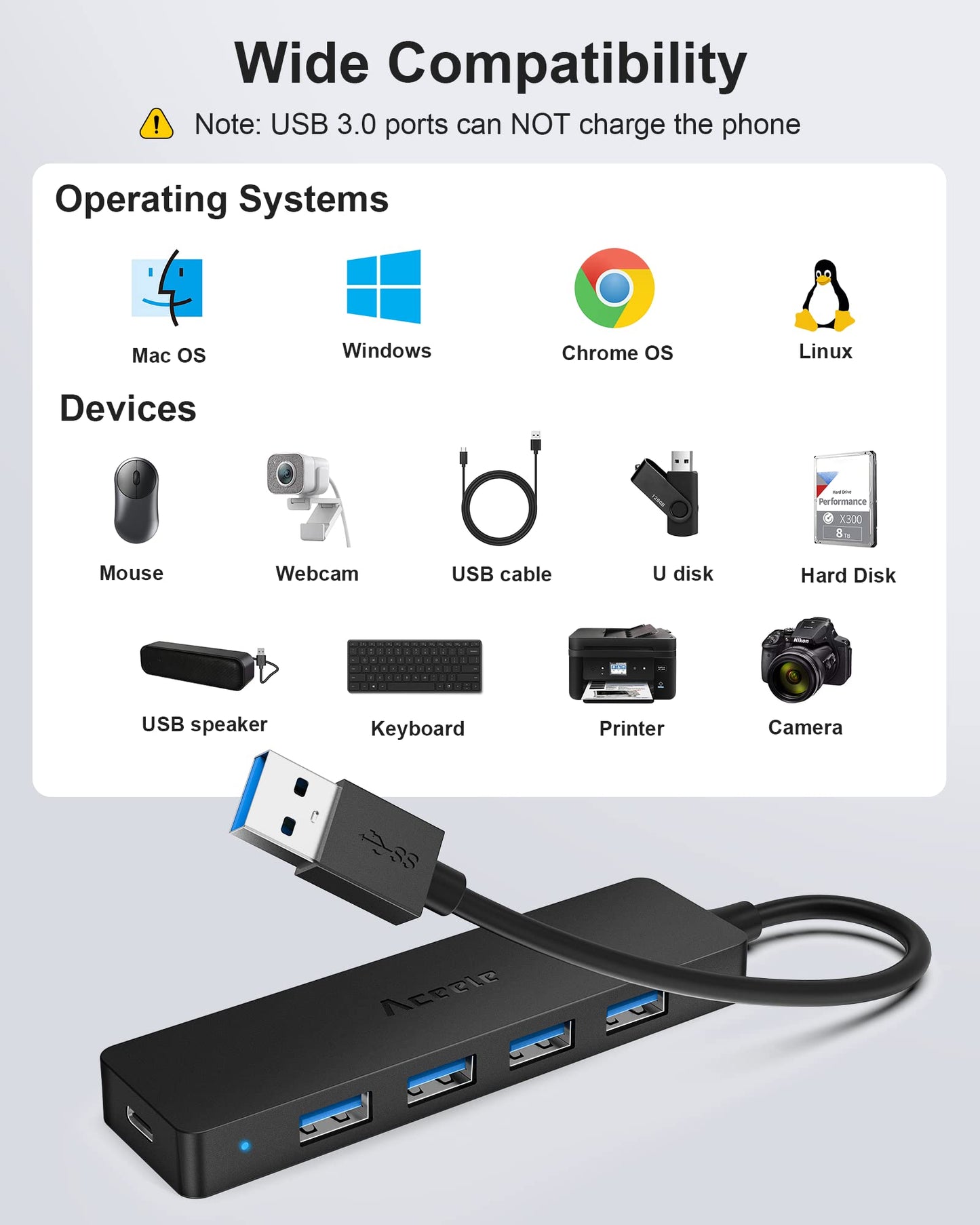 Hub USB Aceele Negro Ultrafino 5 en 1 Multiadaptador para PC, Laptop y Consolas