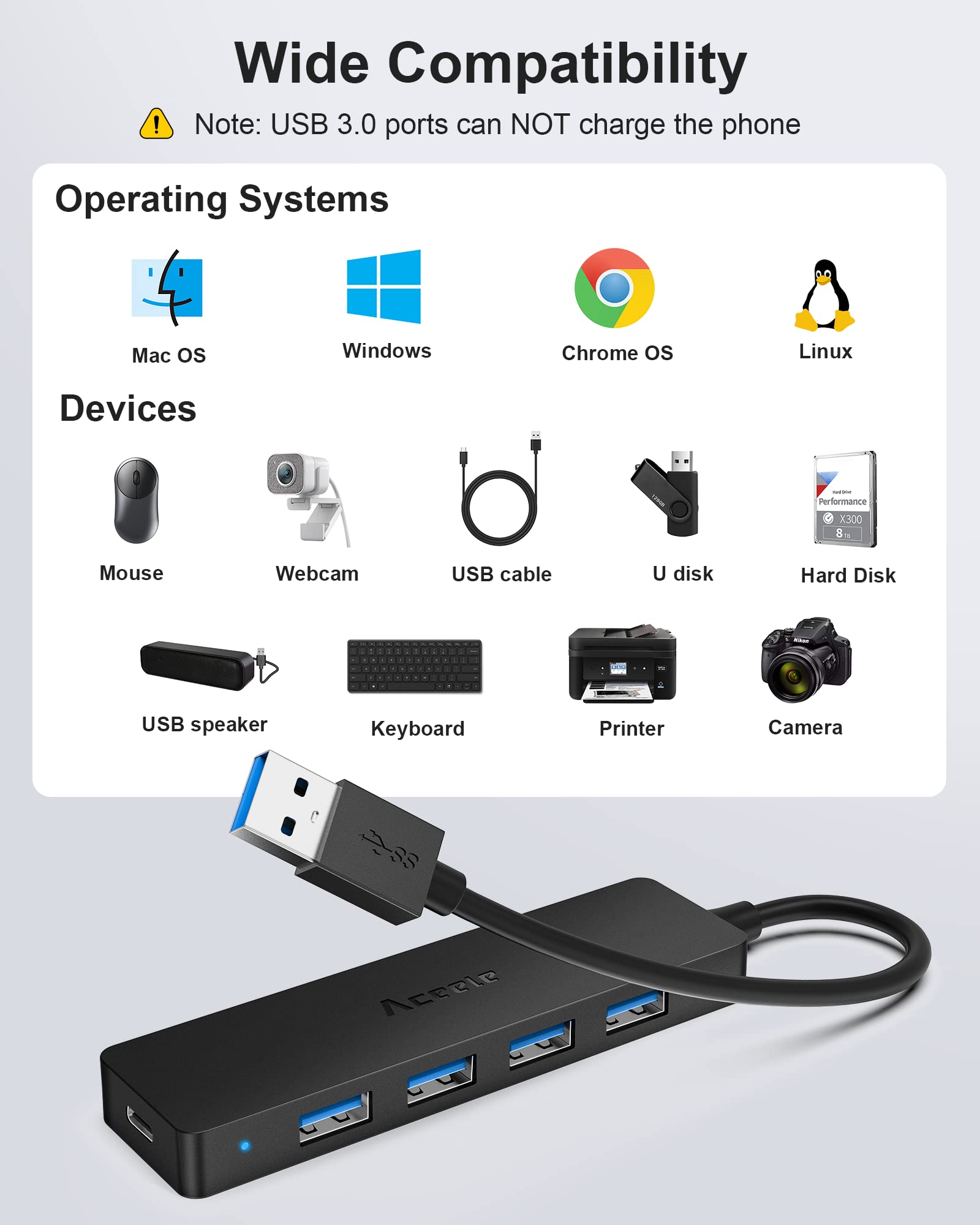 Hub USB Aceele Negro Ultrafino 5 en 1 Multiadaptador para PC, Laptop y Consolas