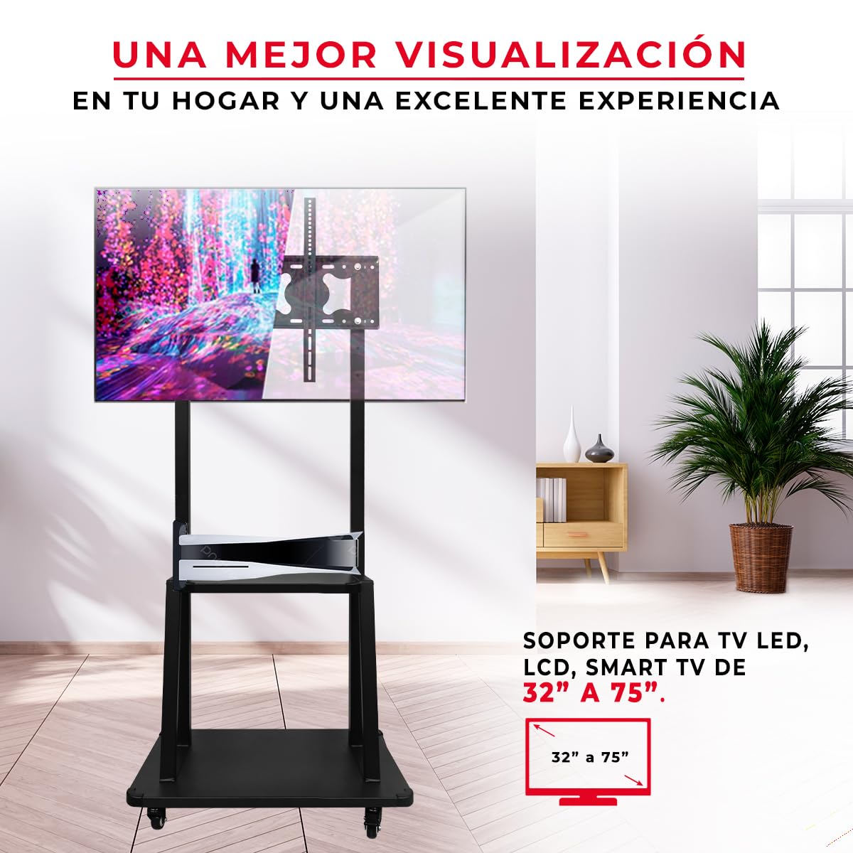LINK BITS C3275N41 Soporte de TV móvil con Ruedas para televisores 32" a 75", Base para Pantalla de Piso, Giratorio con Dos repisas para monitores de hasta 75kg y VESA de hasta 600x400mm.