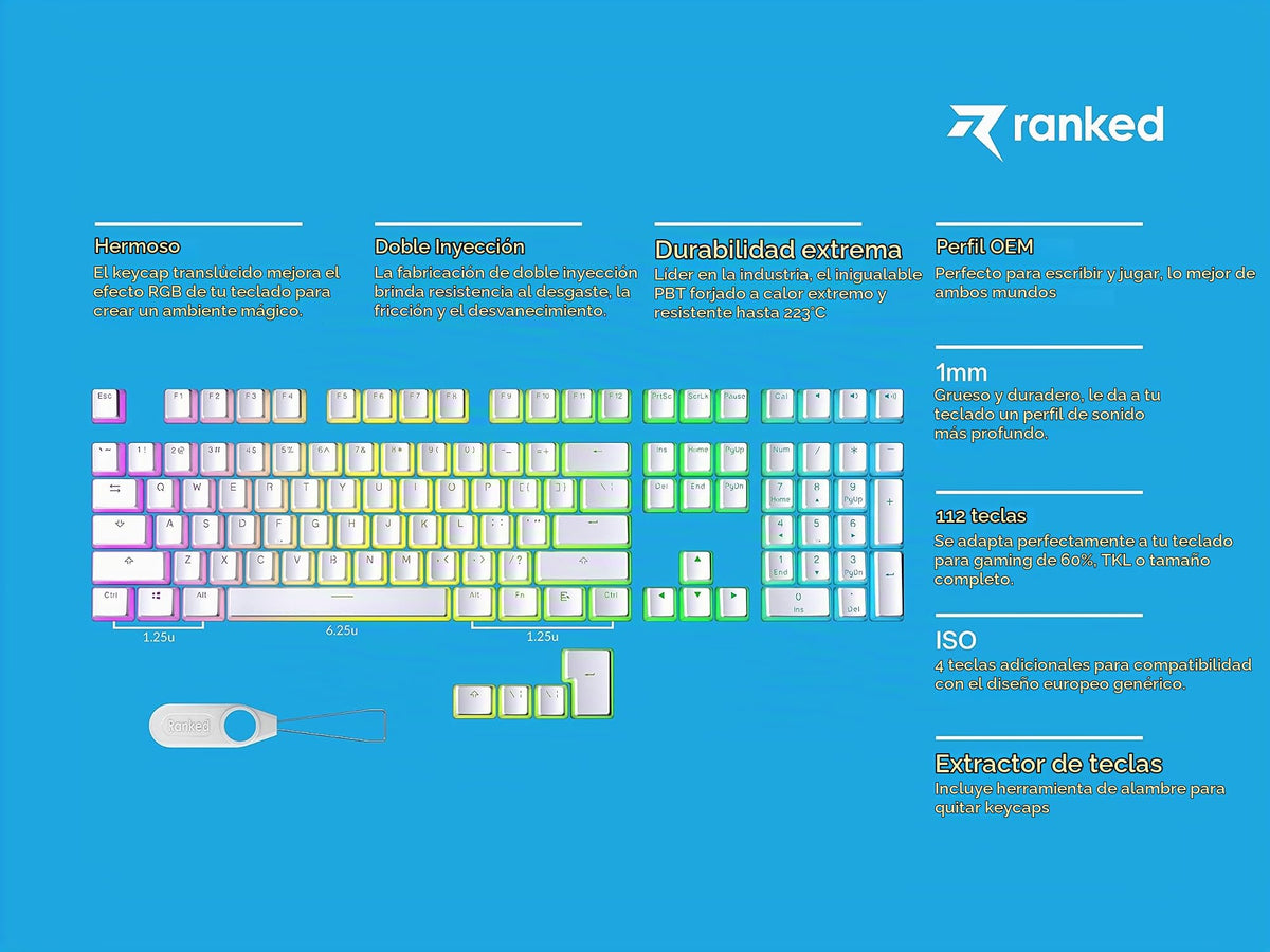 Teclas PBT Ranked Blanco Diseño Translúcido para Teclado Mecánico RGB