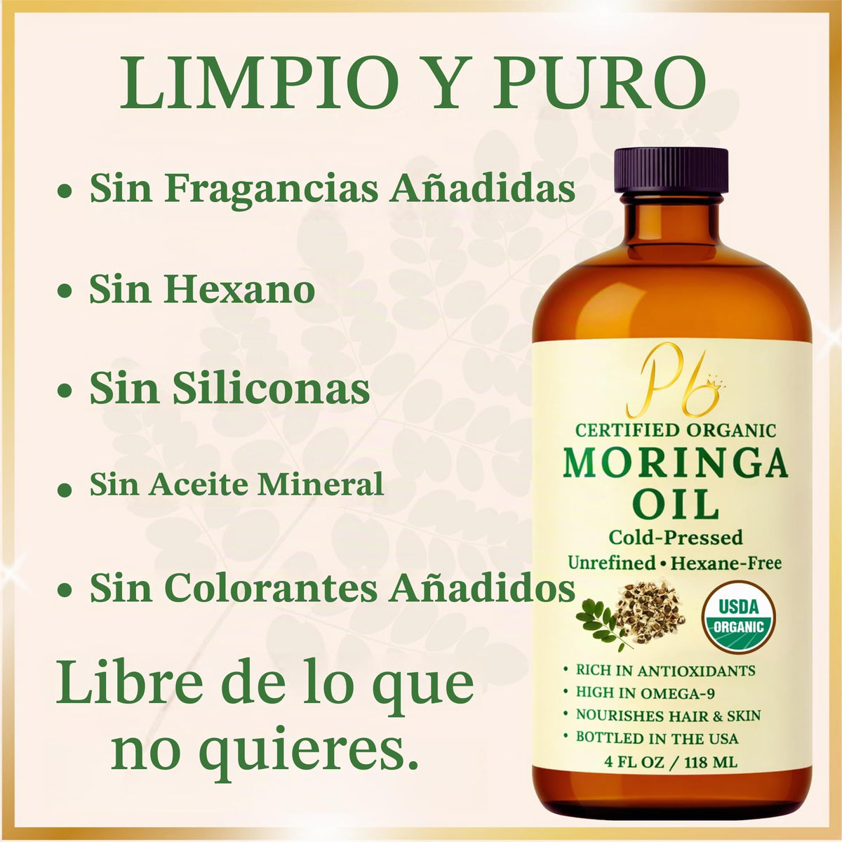 Pomberries Aceite De Moringa – 100% Puro, Prensado En Frío Y Sin Refinar – Aceite De Semilla De Moringa Para Rostro, Piel, Cabello Y Cuerpo – Hidratante, Antiedad – Botella De Vidrio Ámbar De 118 Ml(4