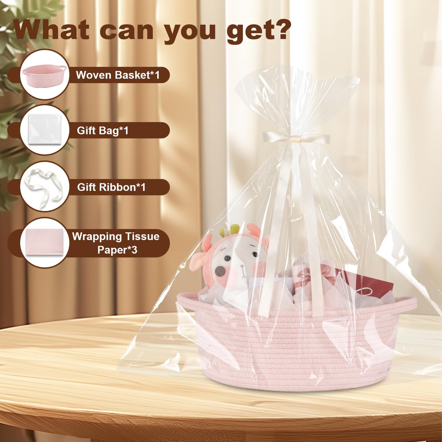 OIAHOMY - Cesta de regalo con asa, cesta tejida de 13.4 x 10 x 5.5 pulgadas, con bolsa de regalo, cinta y papel de seda, contenedores vacíos para llenar con toallas, bebé, organizador de juguetes para