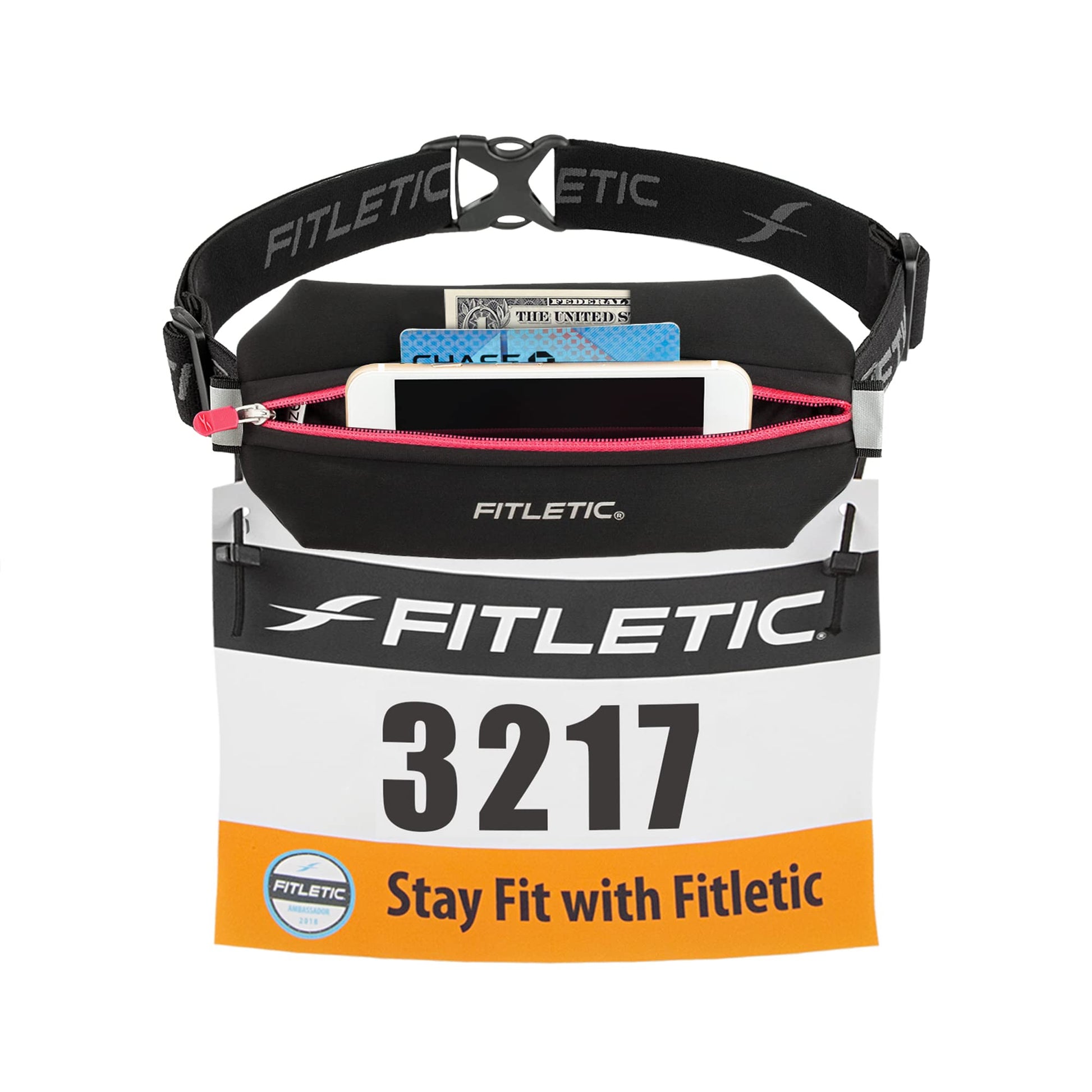 Fitletic Neo Race Belt | Diseño único sin Rebote para maratón, triatlón, Sendero, 5k, 10k | Single Pounch N01R Neo, Rosa/Negro, Talla única