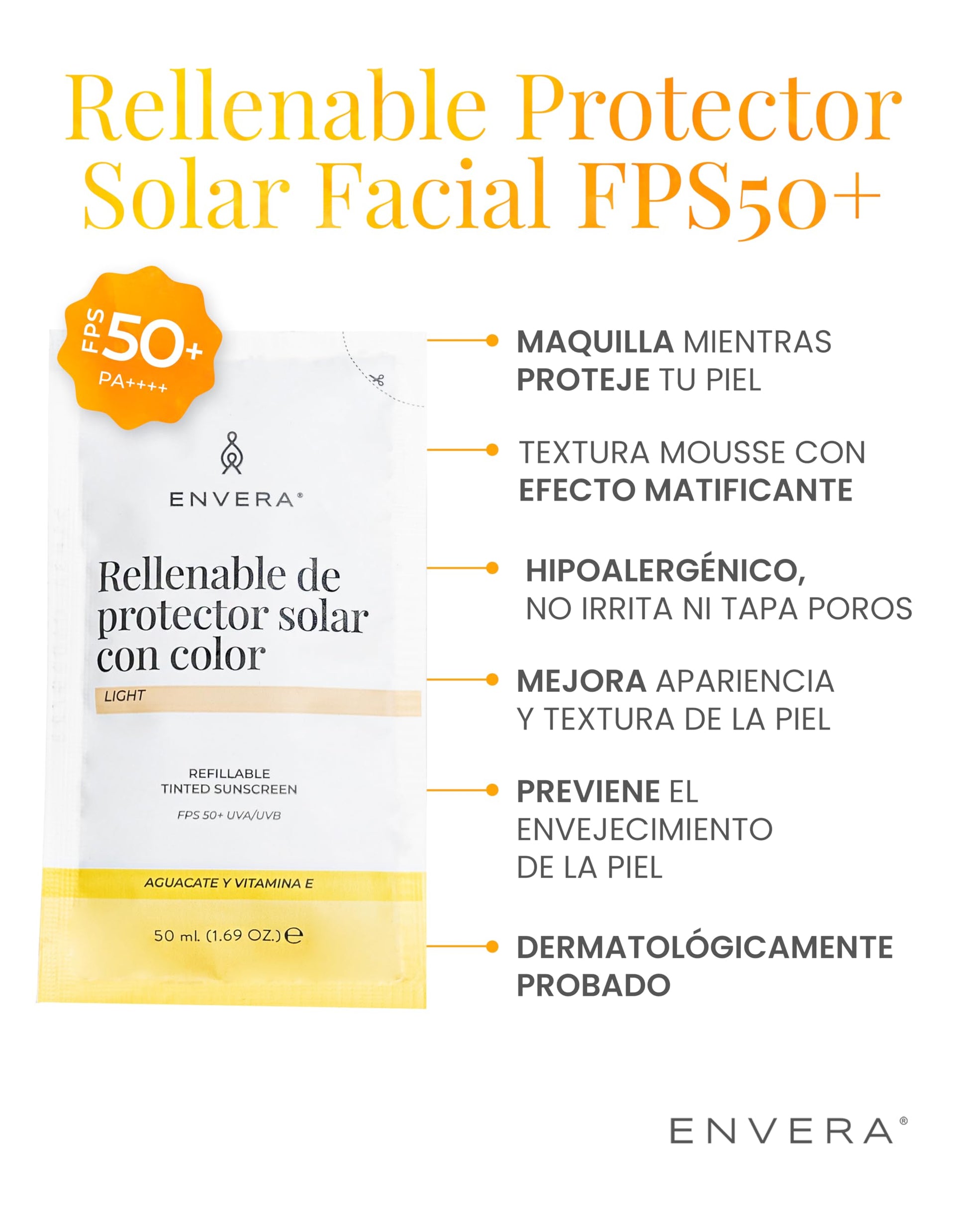Protector Solar Facial Envera Light SPF 50+ Mousse Matificante Vegano y Ecológico Resistente al Agua